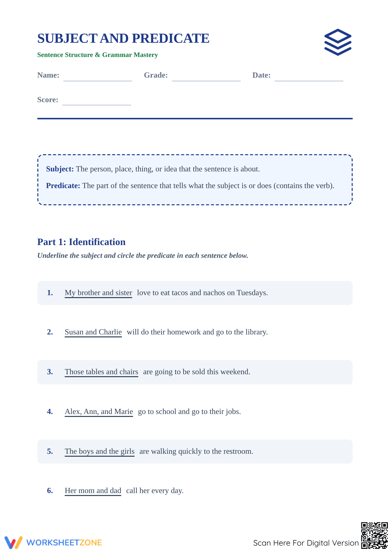Printable Subject and Predicate Worksheet | Grade 4 ELA - Page 1