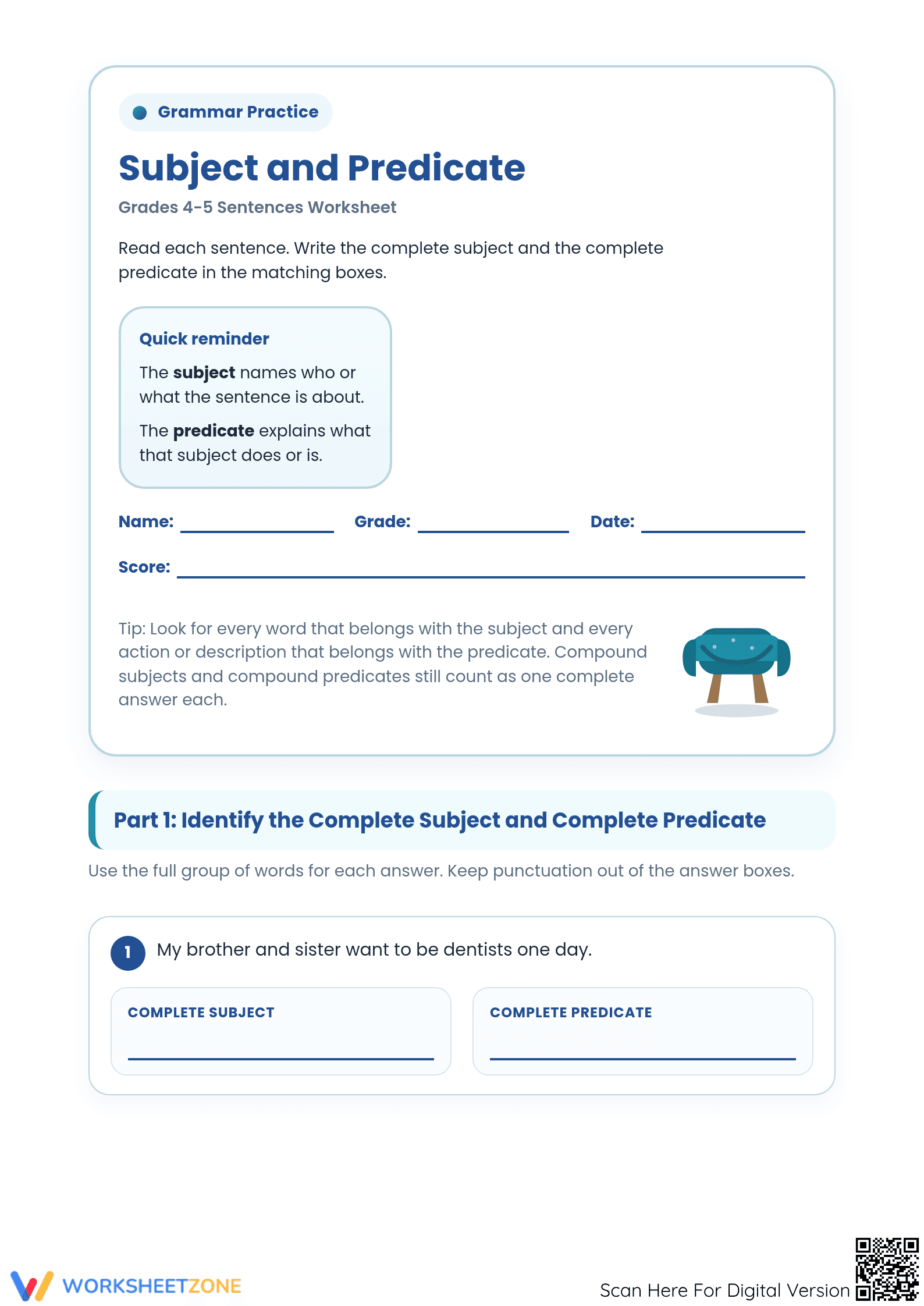 Printable Subject and Predicate Worksheet | Grades 4-5 - Page 1