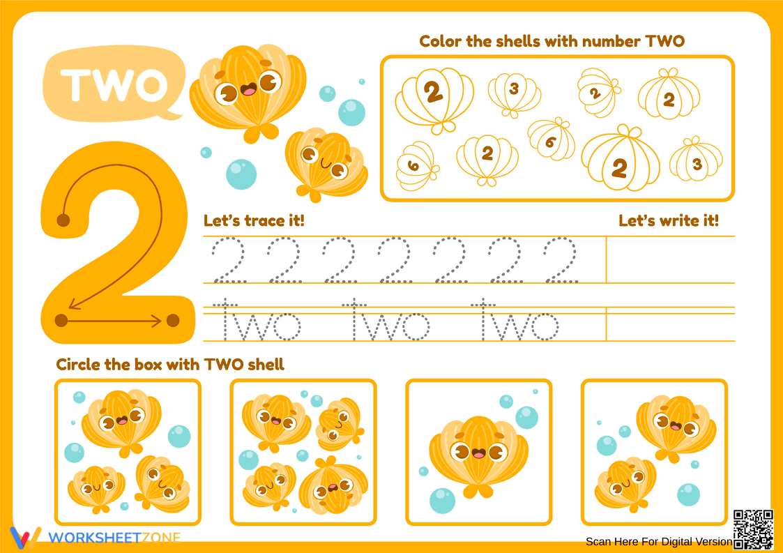Number 2 Worksheet: Trace, Count & Color Shells for Preschoolers - Page 1