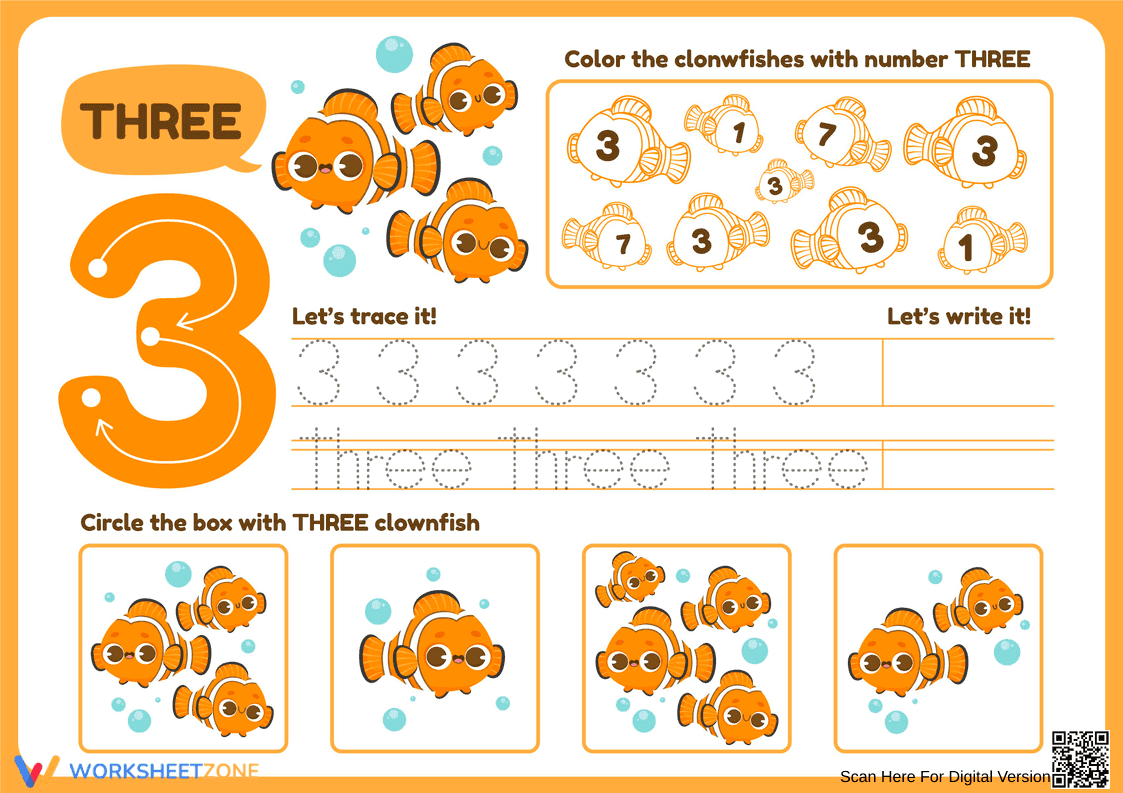 Recognizing Number 3 - A Practice Worksheet - Page 1