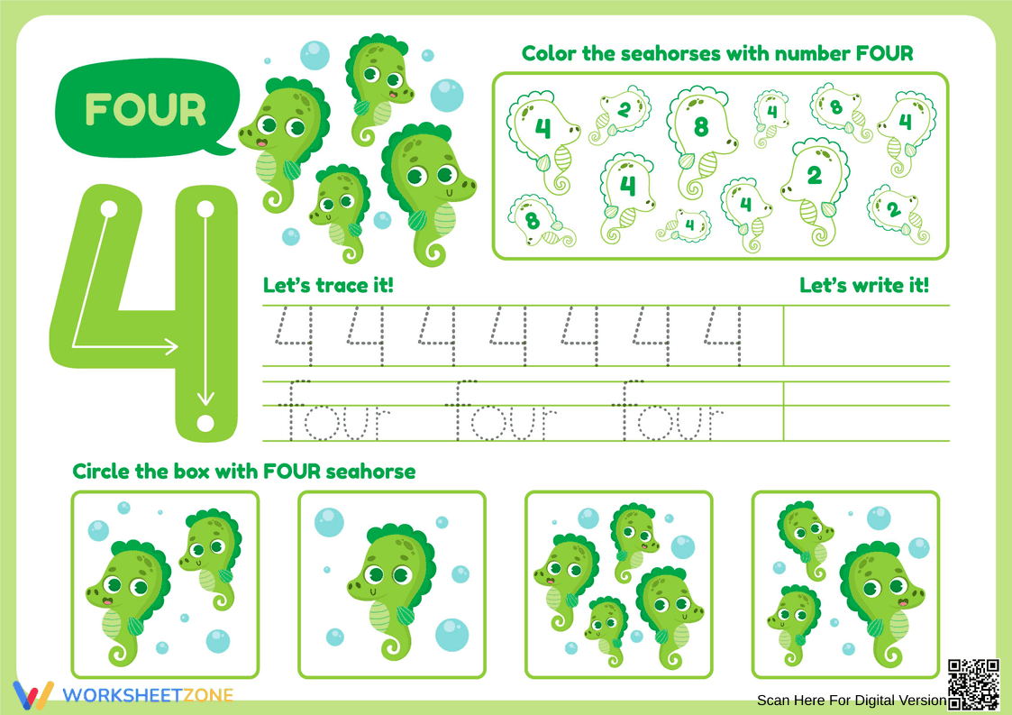 Number 4 Worksheet: Trace, Write & Count Seahorses - Page 1