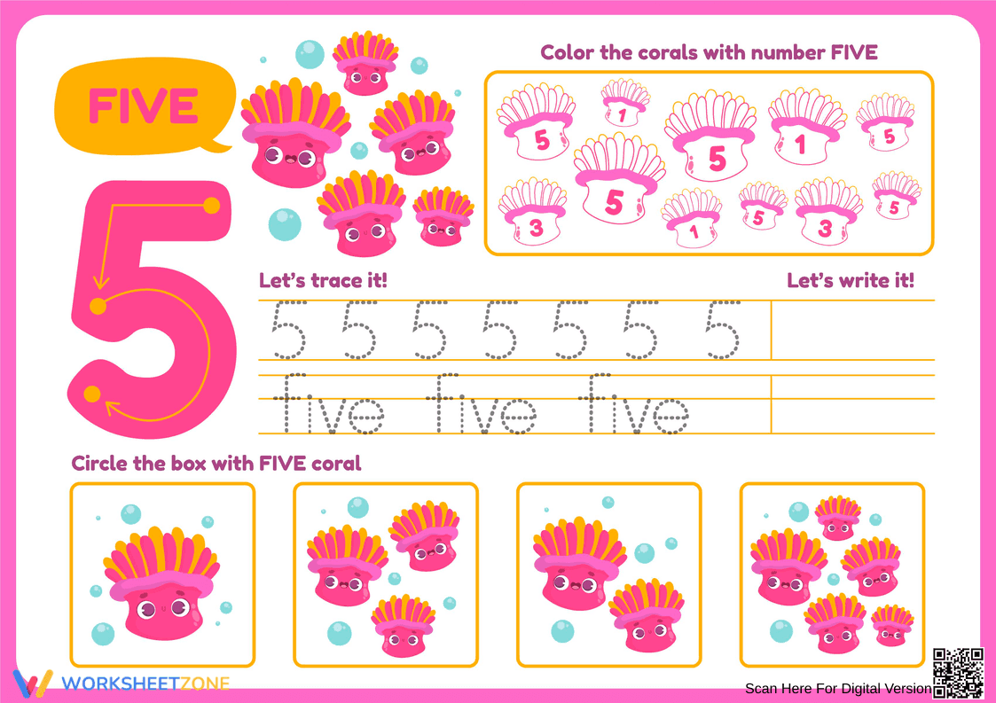 Number 5 Coral Worksheet: Trace, Color & Count - Page 1
