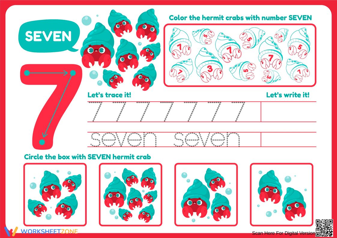Learn the Number 7: Tracing, Counting & Hermit Crab Activities - Page 1