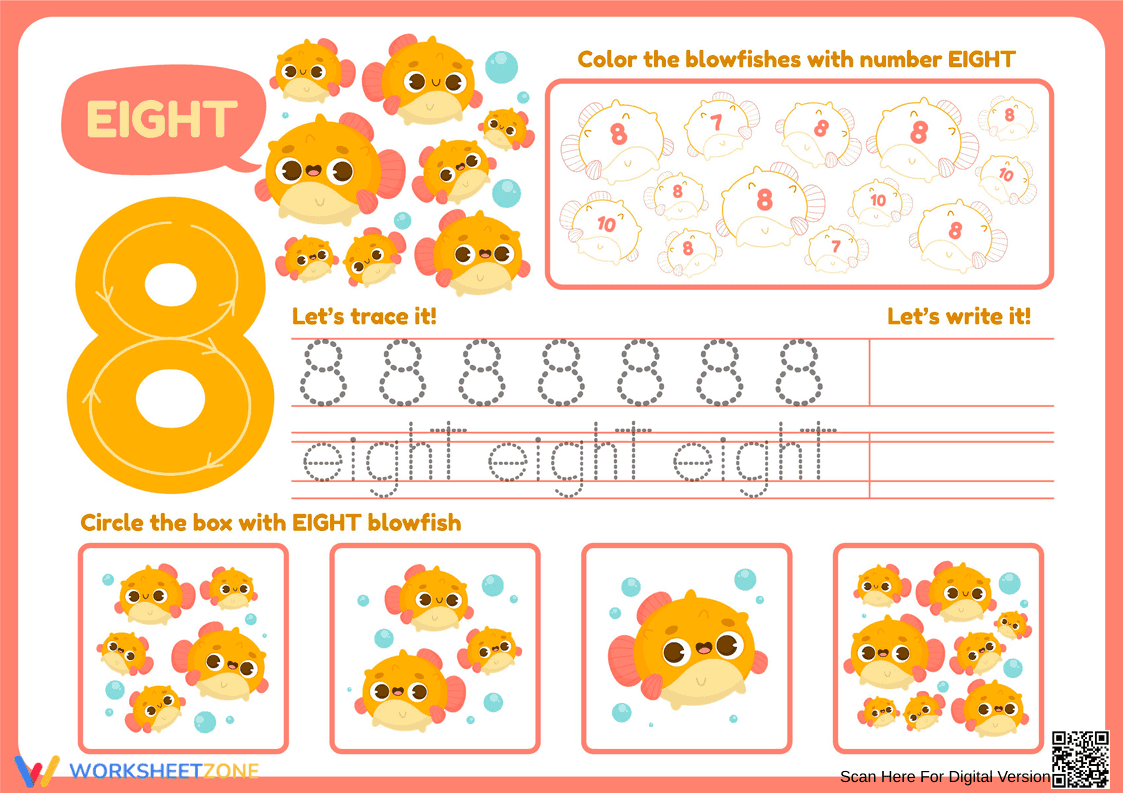 Number 8 Worksheet: Trace, Count, and Color Blowfish - Page 1