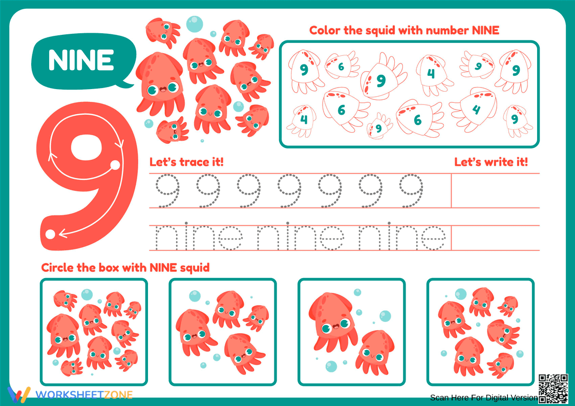 Learn the Number 9 with Fun Squid-Themed Activities
- Page 1