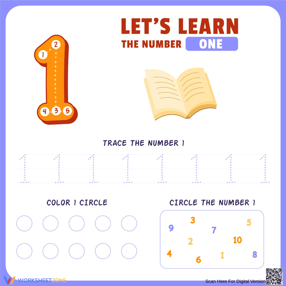 Number 1 Tracing & Recognition Worksheet - Page 1