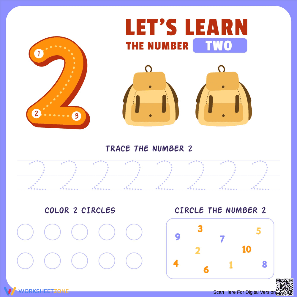 Explore the Number 2: Tracing and Counting Backpacks - Page 1