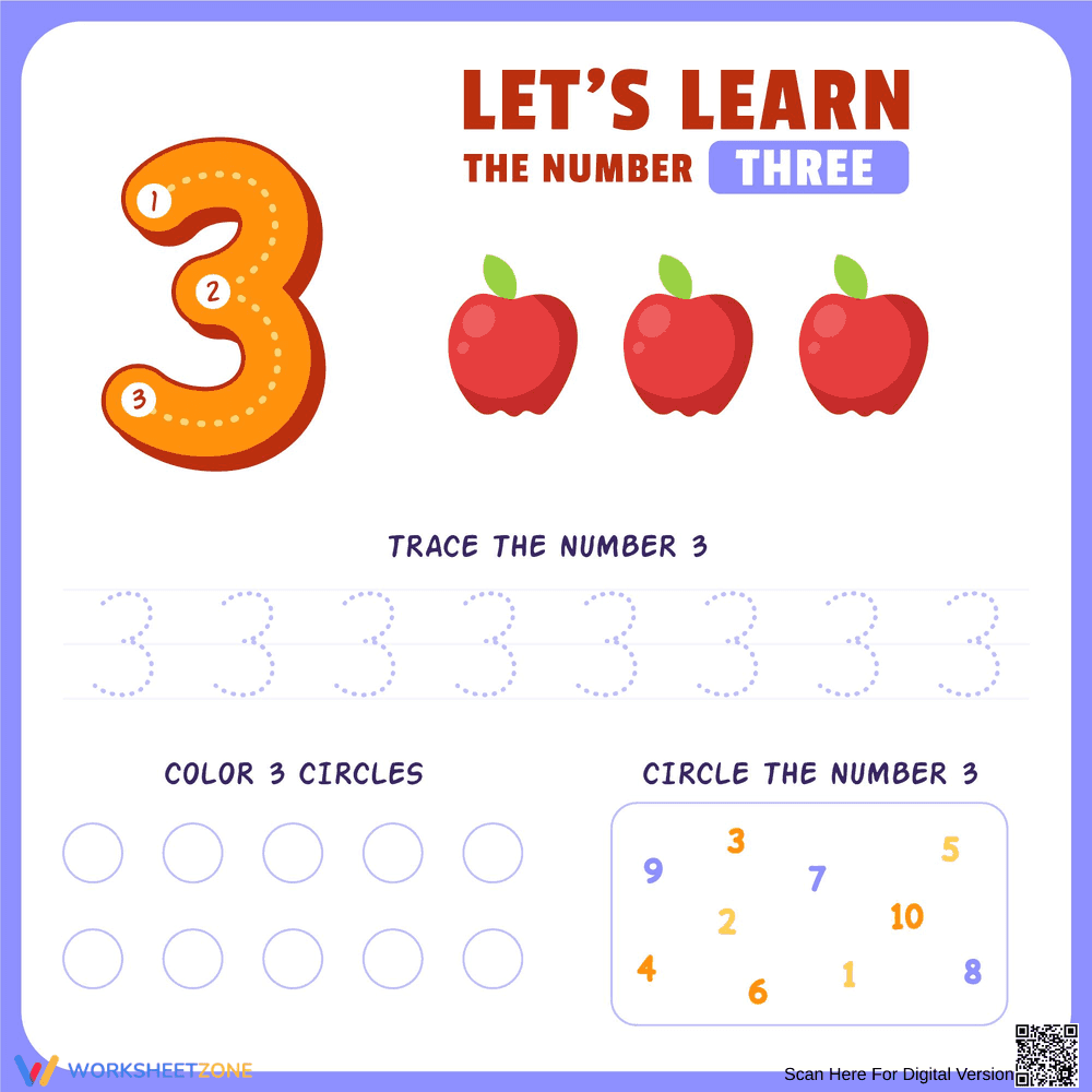 Learn Number 3: Apple-Themed Tracing & Counting Worksheet - Page 1