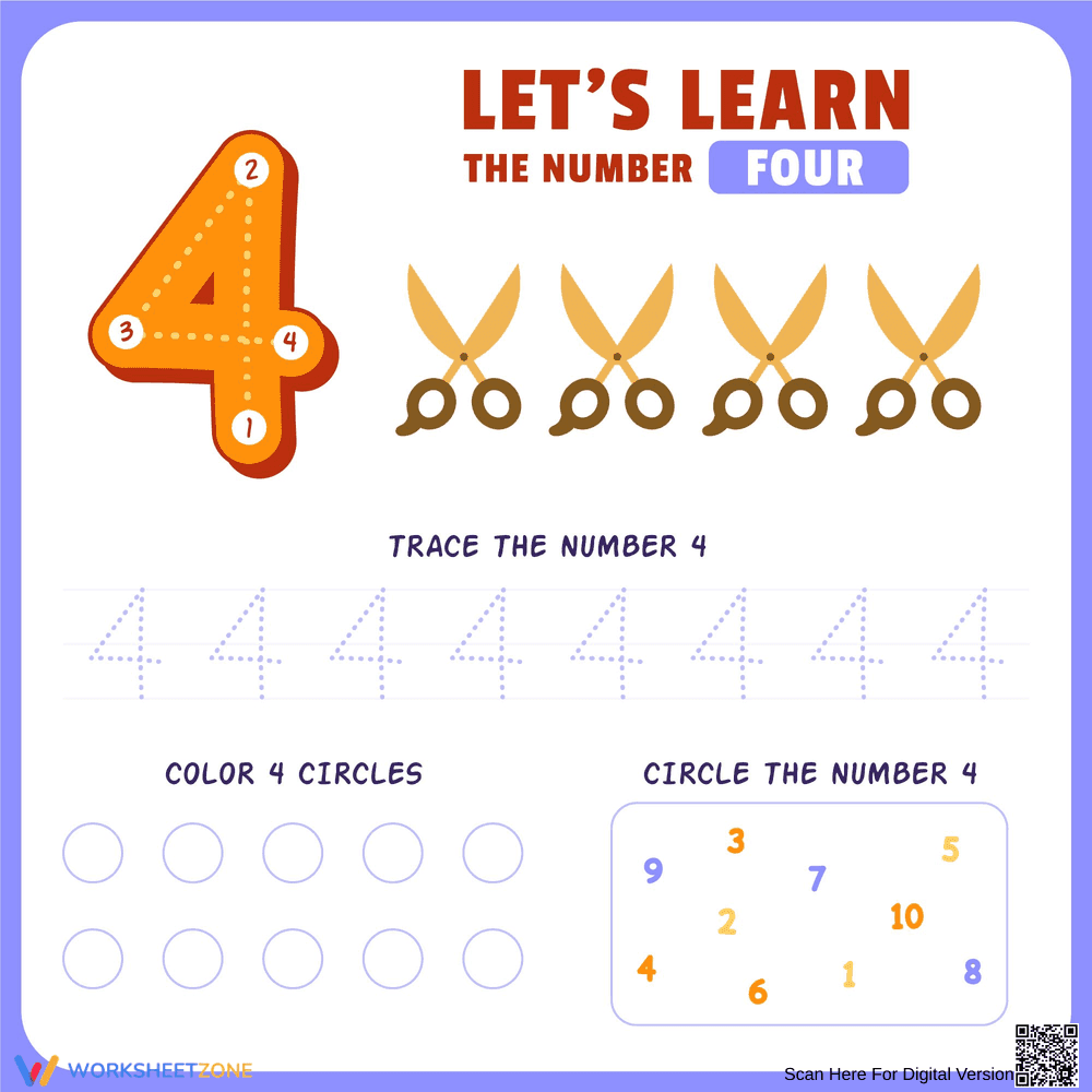 Number 4: Trace, Count, and Spot the Fours
- Page 1