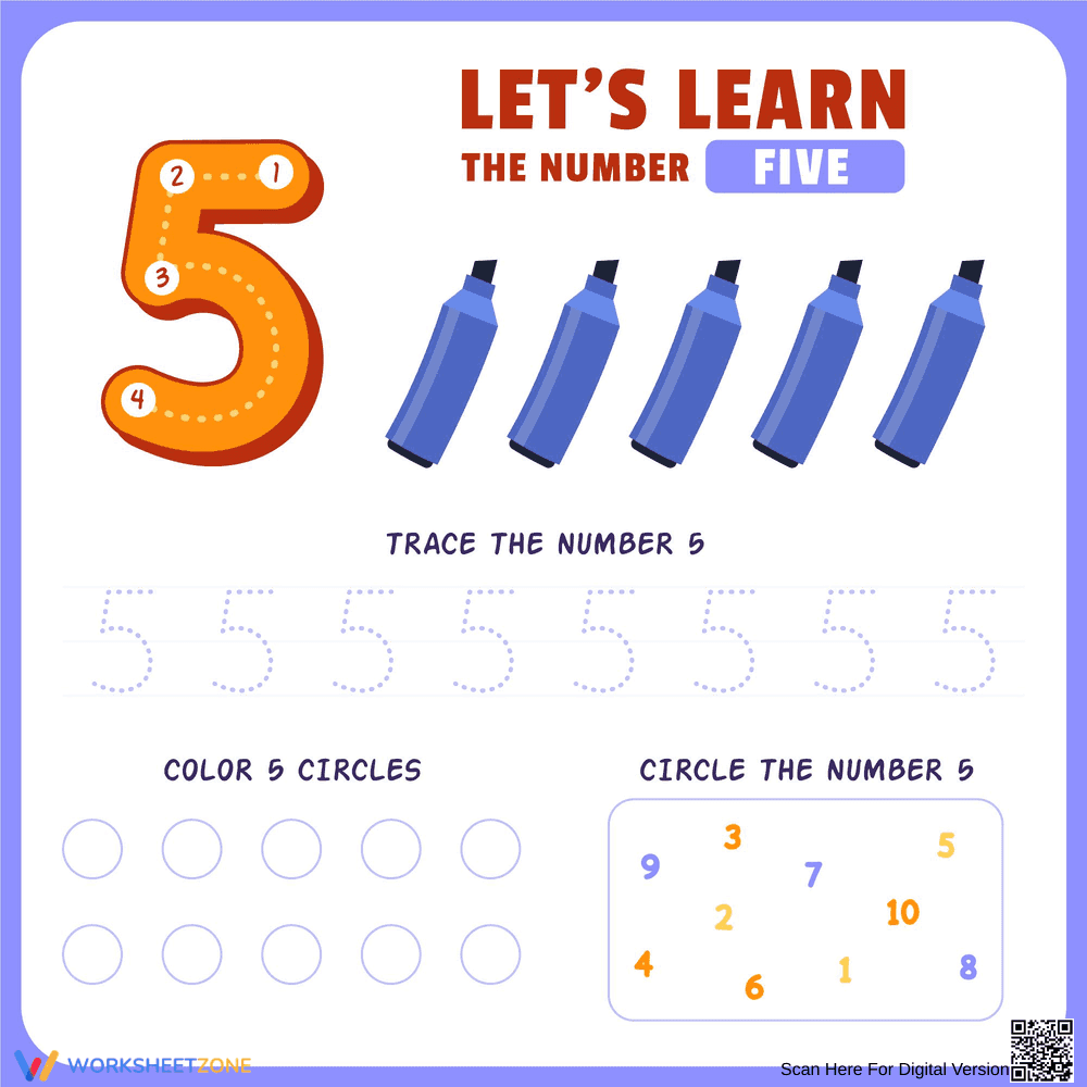 Number 5 Worksheet: Trace, Count & Find with Markers - Page 1
