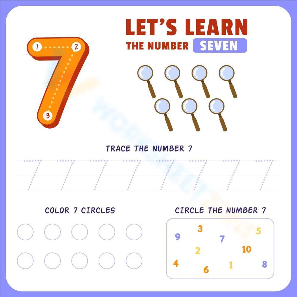 Number 7 Worksheet: Trace, Count, and Circle Activities - Page 1