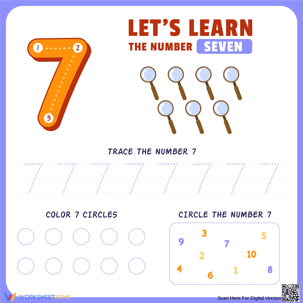 Number 7 Worksheet: Trace, Count, and Circle Activities - Page 1