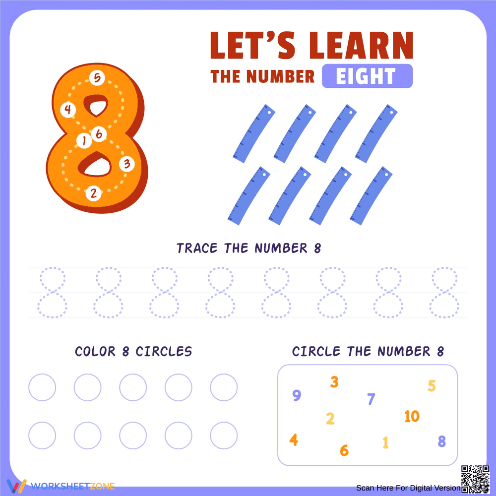 Let’s Learn the Number 8: Tracing and Counting Fun Worksheet - Page 1