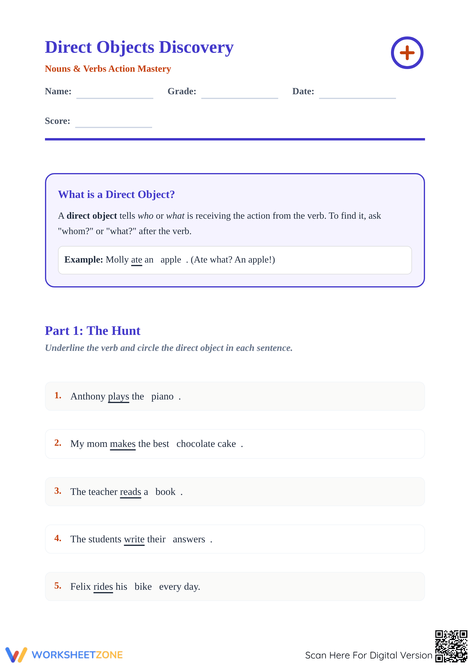 Essential Direct Objects Worksheet | Grade 4 & 5 ELA - Page 1