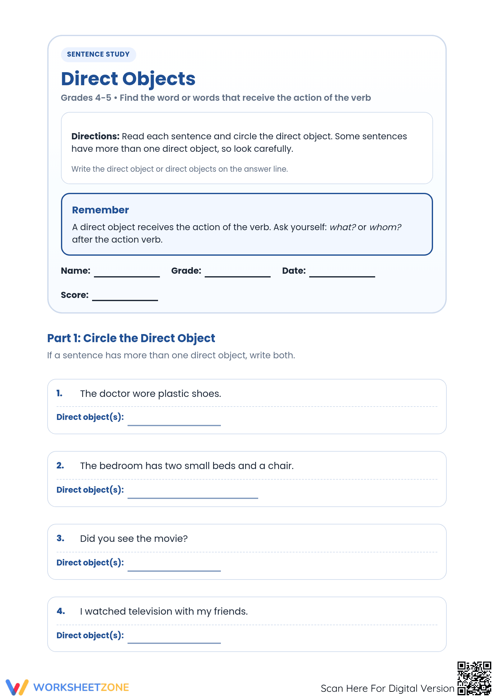 Printable Direct Objects Worksheet | Grade 4-5 ELA - Page 1