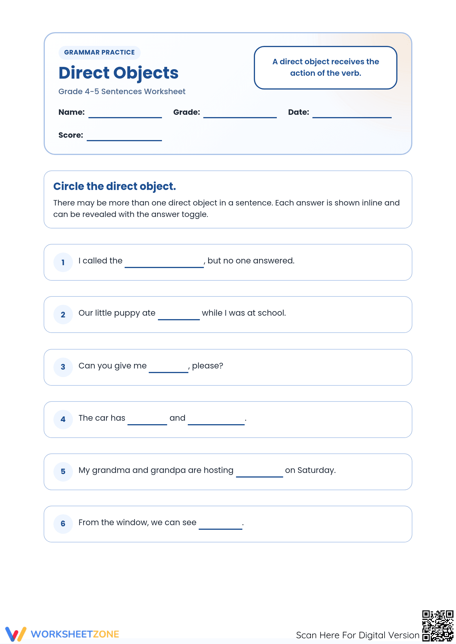 Direct Objects Worksheet | Printable Grade 4-5 ELA - Page 1