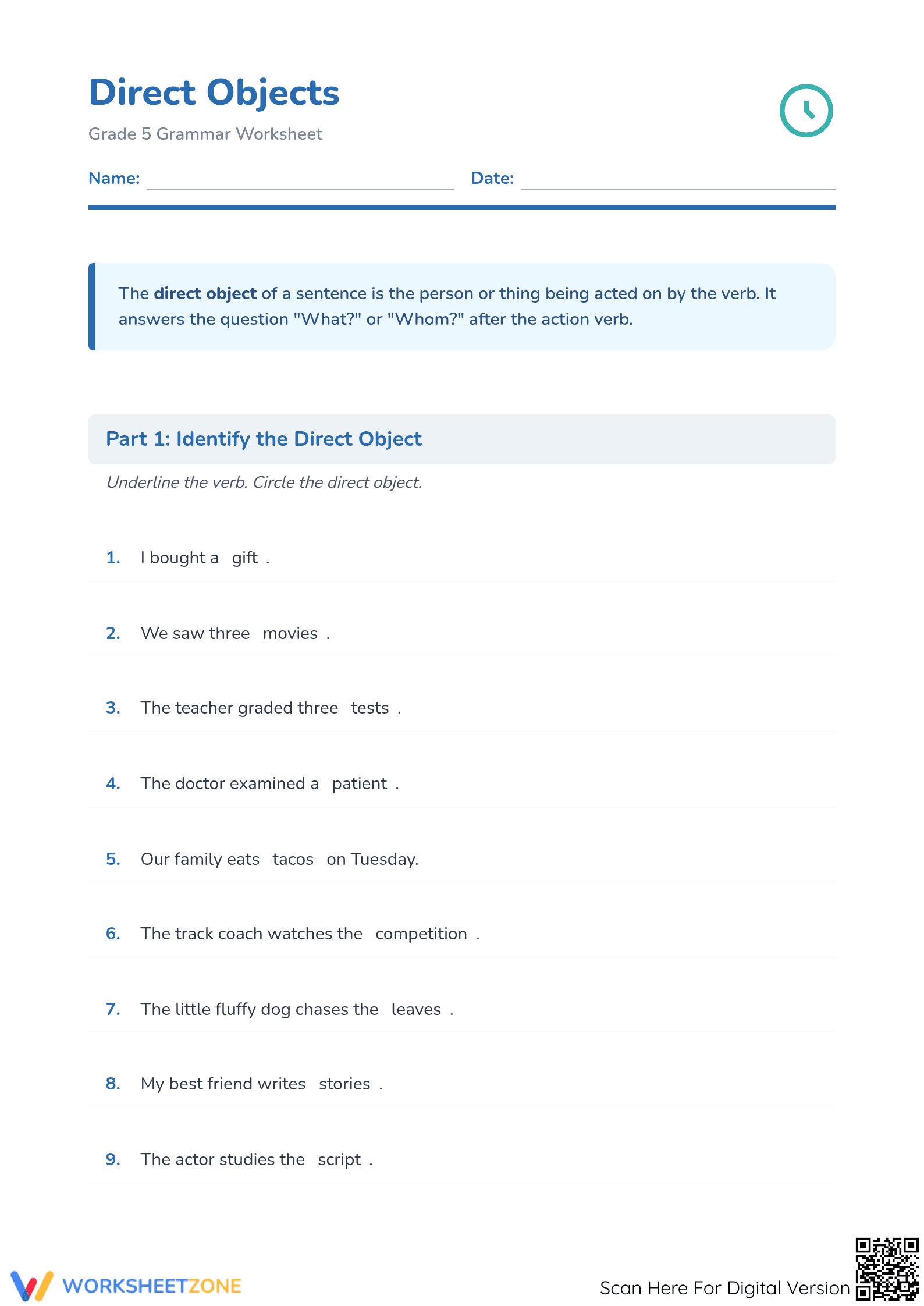 Direct Objects Worksheet | Grade 5 ELA Printable - Page 1