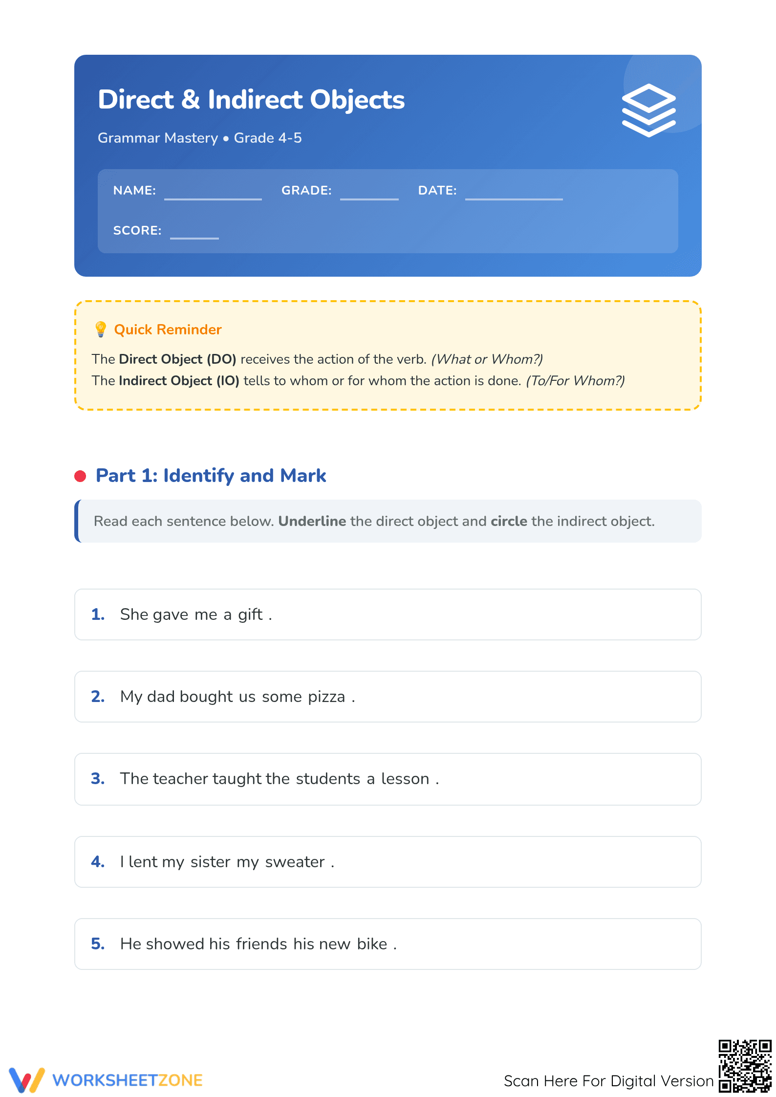Direct and Indirect Objects Worksheet | Grade 4-5 Essential - Page 1