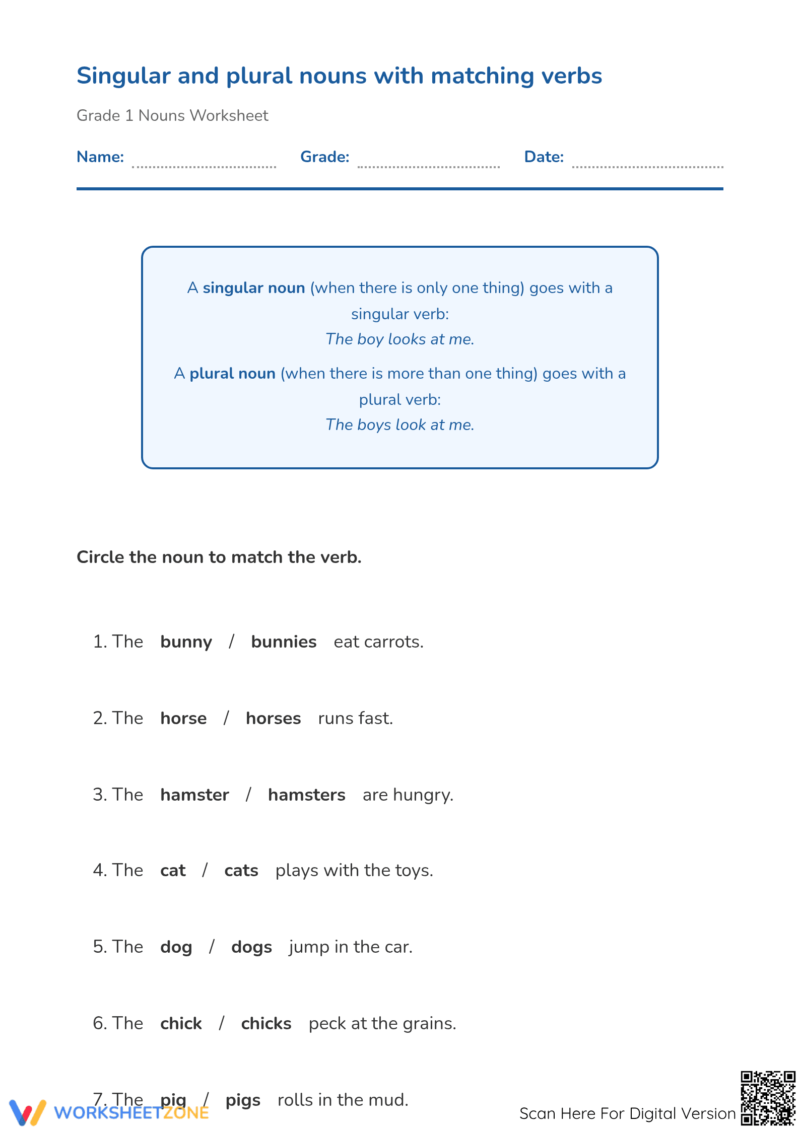 Subject-Verb Agreement Worksheet | Grade 1 Essential - Page 1