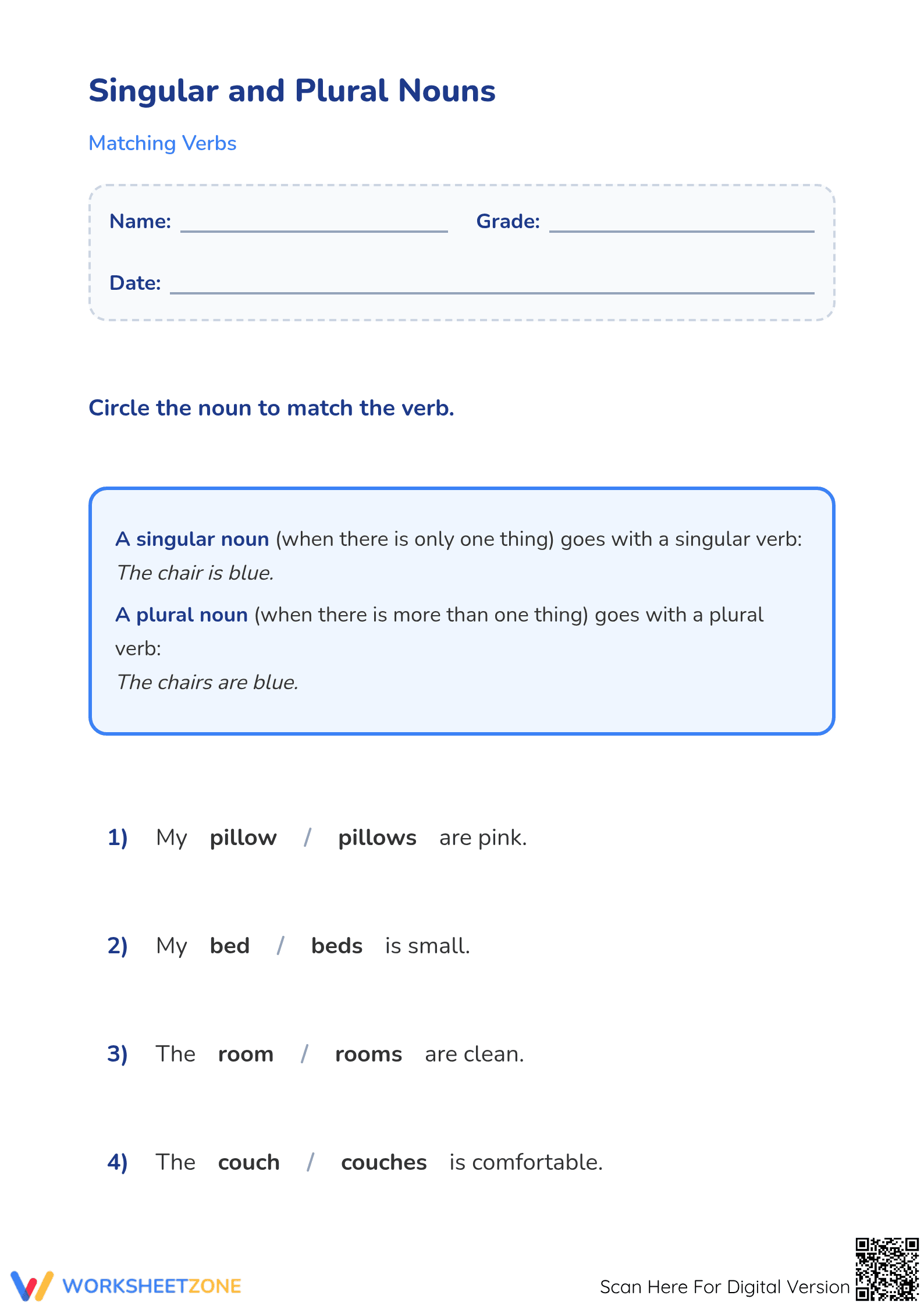 Subject-Verb Agreement Worksheet | Grade 1 Printable - Page 1