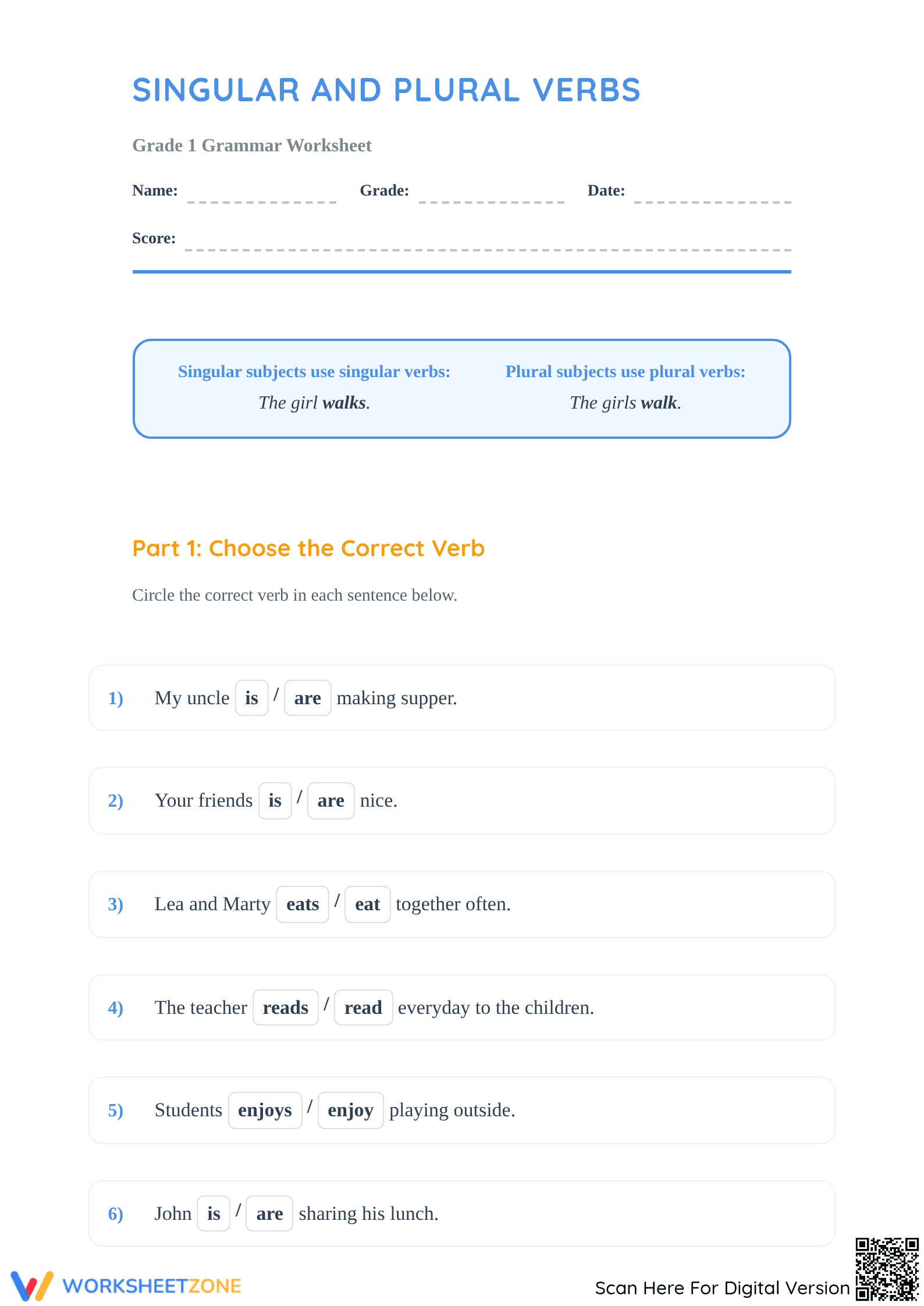 Essential Singular and Plural Verbs Worksheet | Grade 1 - Page 1