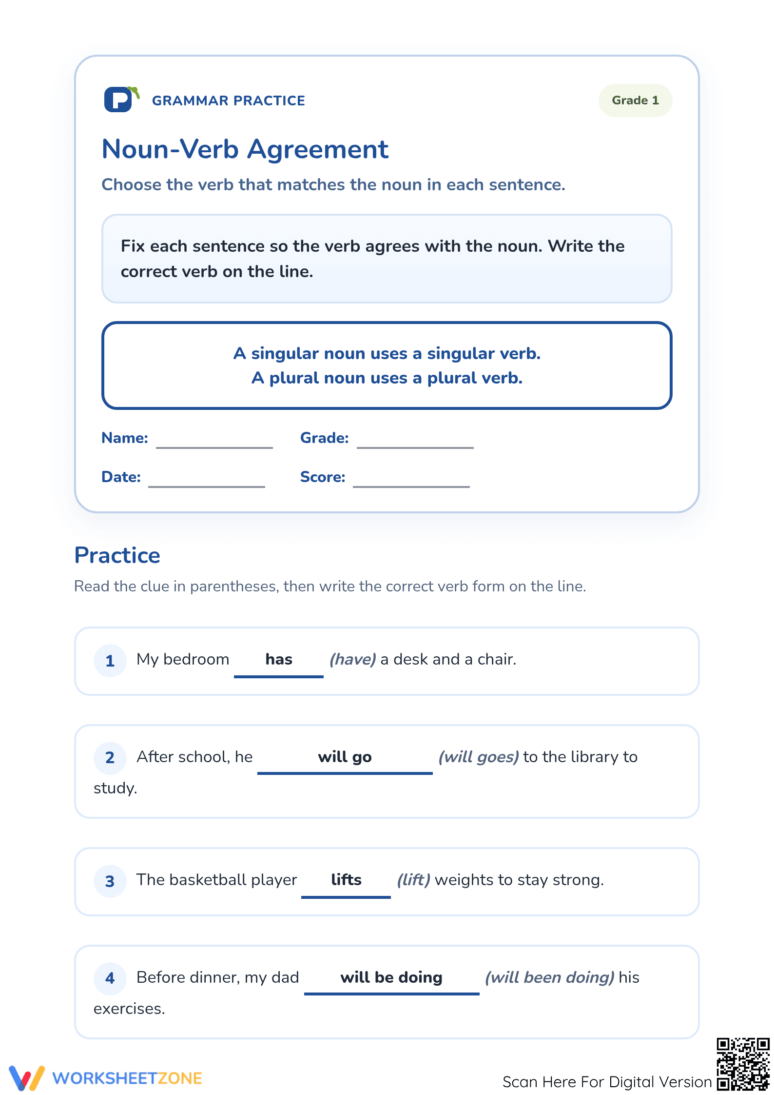 Printable Noun-Verb Agreement Worksheet | Grade 1 ELA - Page 1