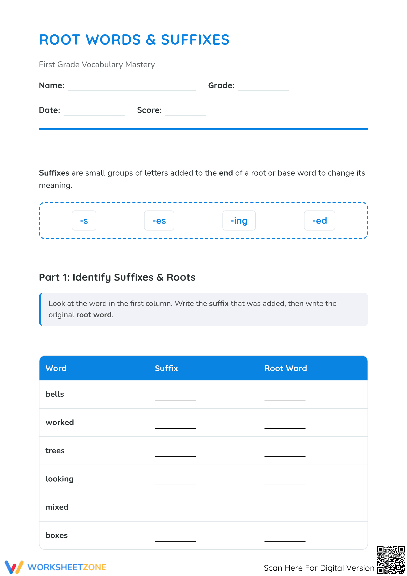 Essential Root Words & Suffixes Worksheet | Grade 1 ELA - Page 1