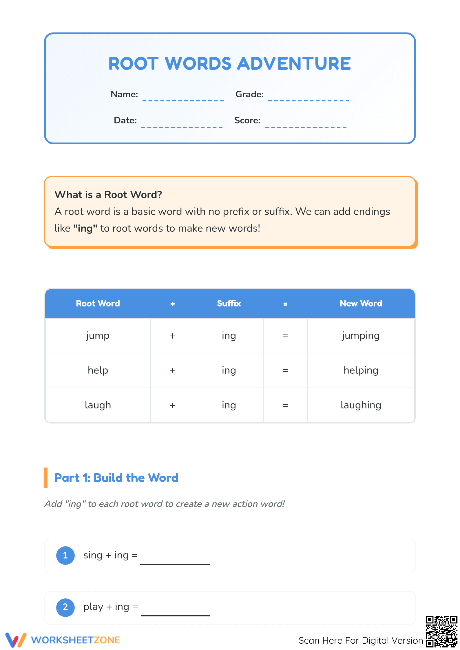 Essential Root Words & Suffixes Worksheet | Grade 1 ELA - Page 1