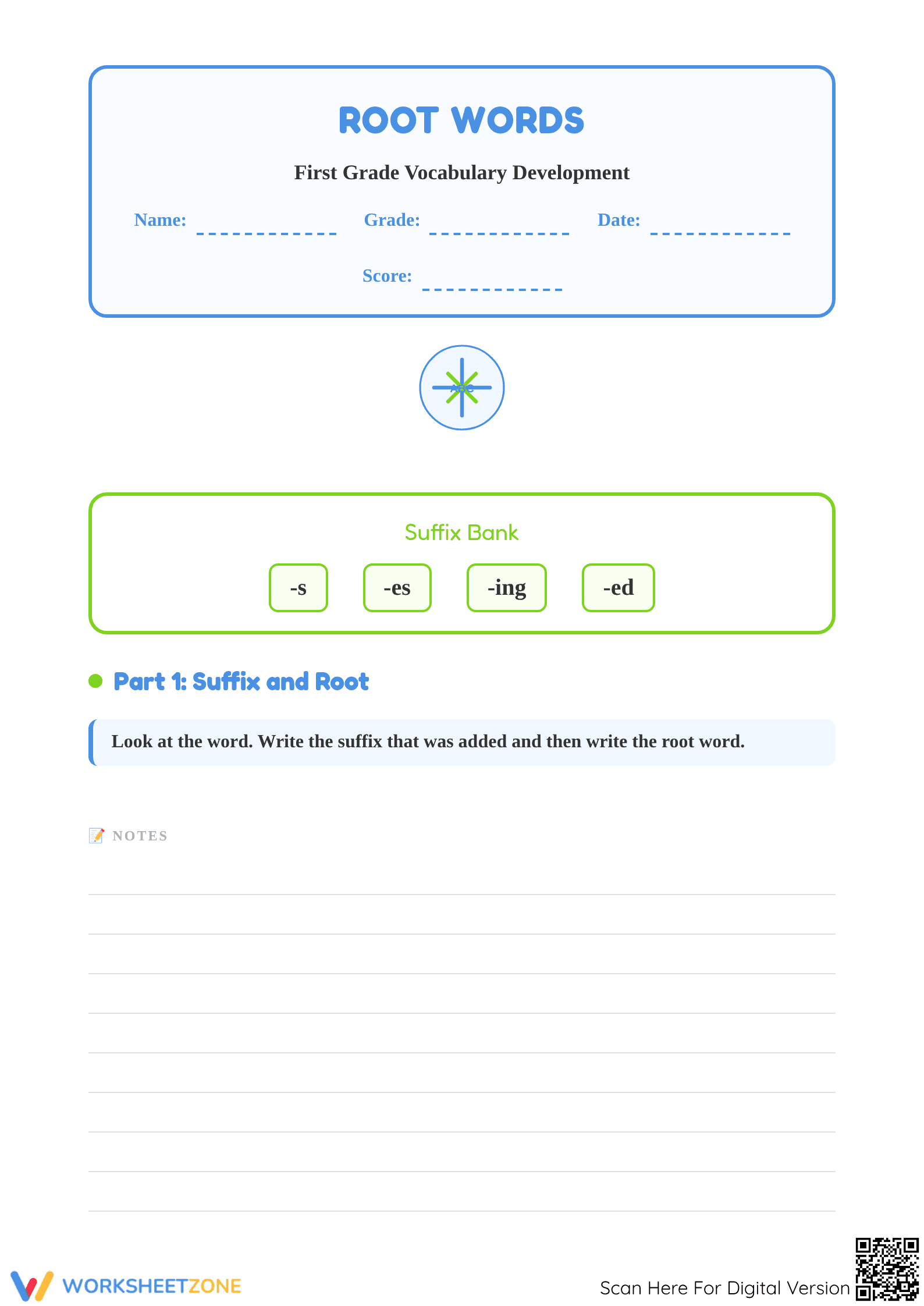 Root Words and Suffixes Worksheet | Grade 1 Printable - Page 1