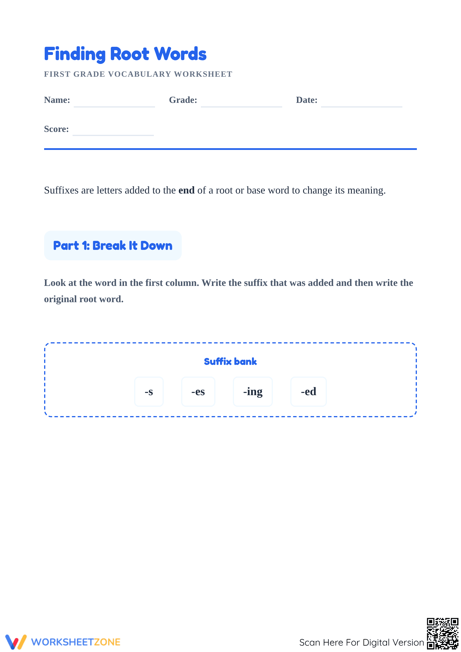 Printable Root Words & Suffixes Worksheet | Grade 1 Ready - Page 1