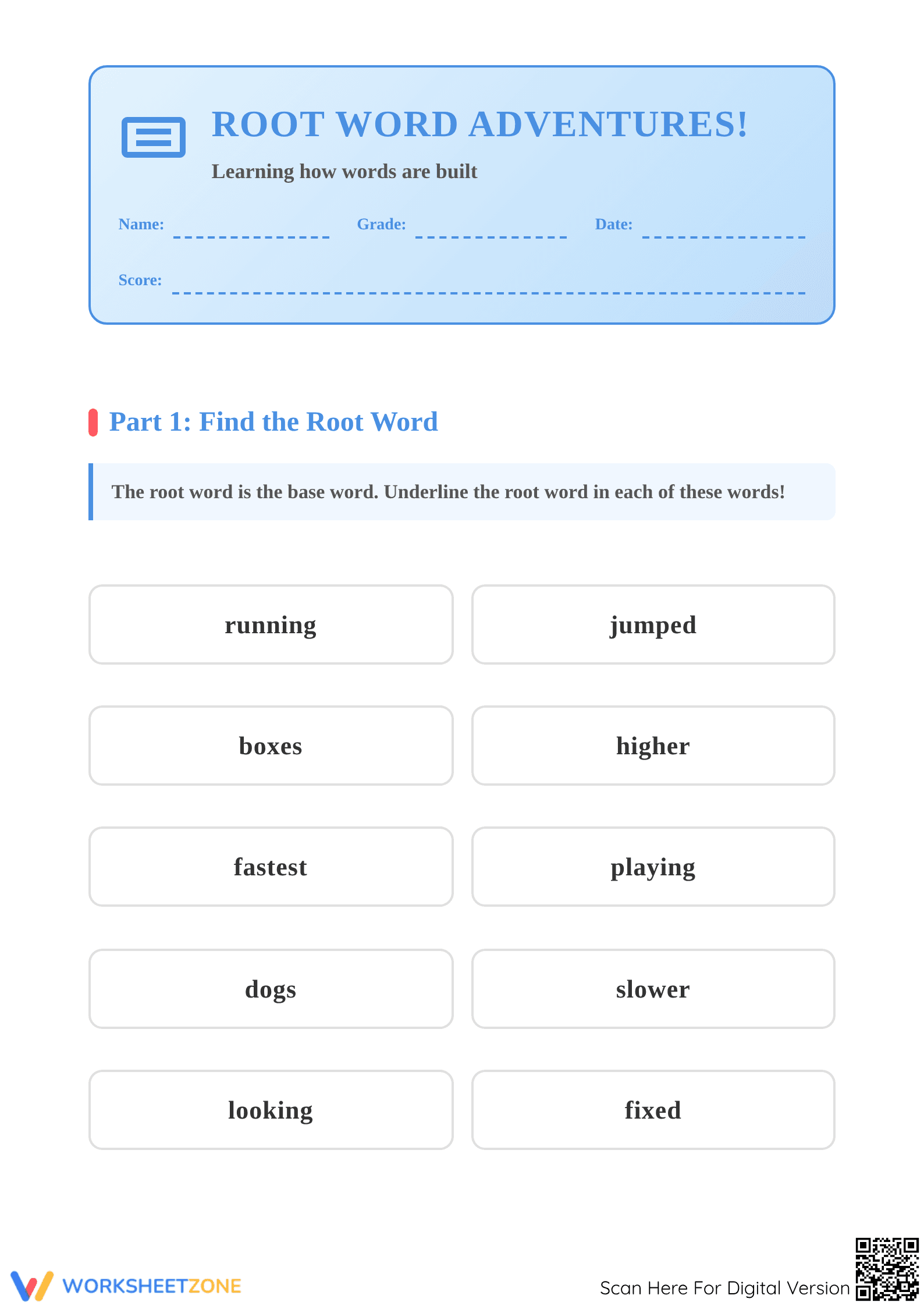 Printable Root Words and Suffixes Worksheet | Grade 1 ELA - Page 1