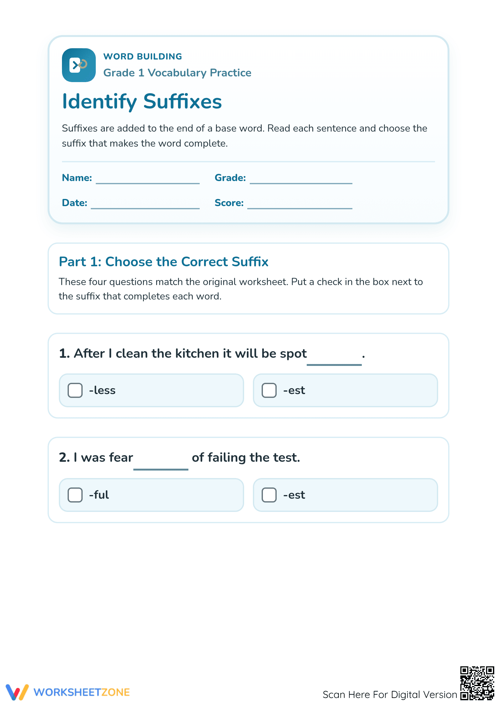Identify Suffixes Worksheet: Grade 1 Essential Practice - Page 1