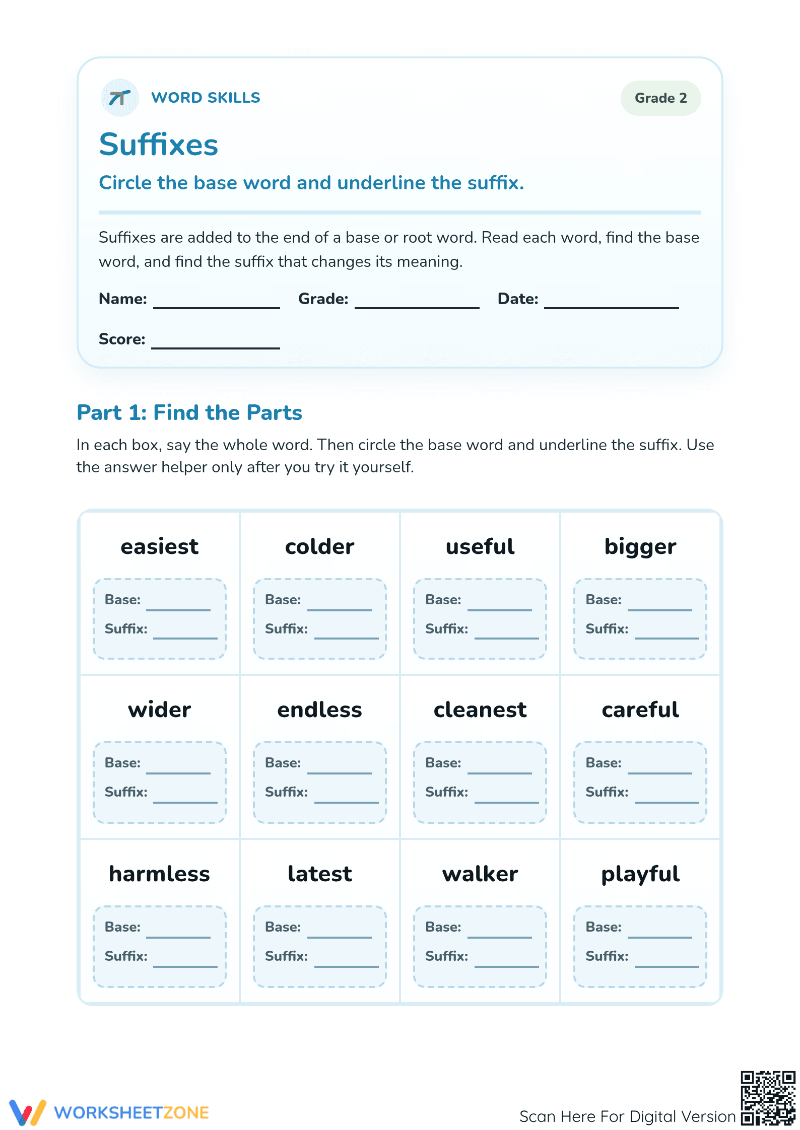 Grade 2 Suffixes Printable Worksheet: Identify Base Words - Page 1