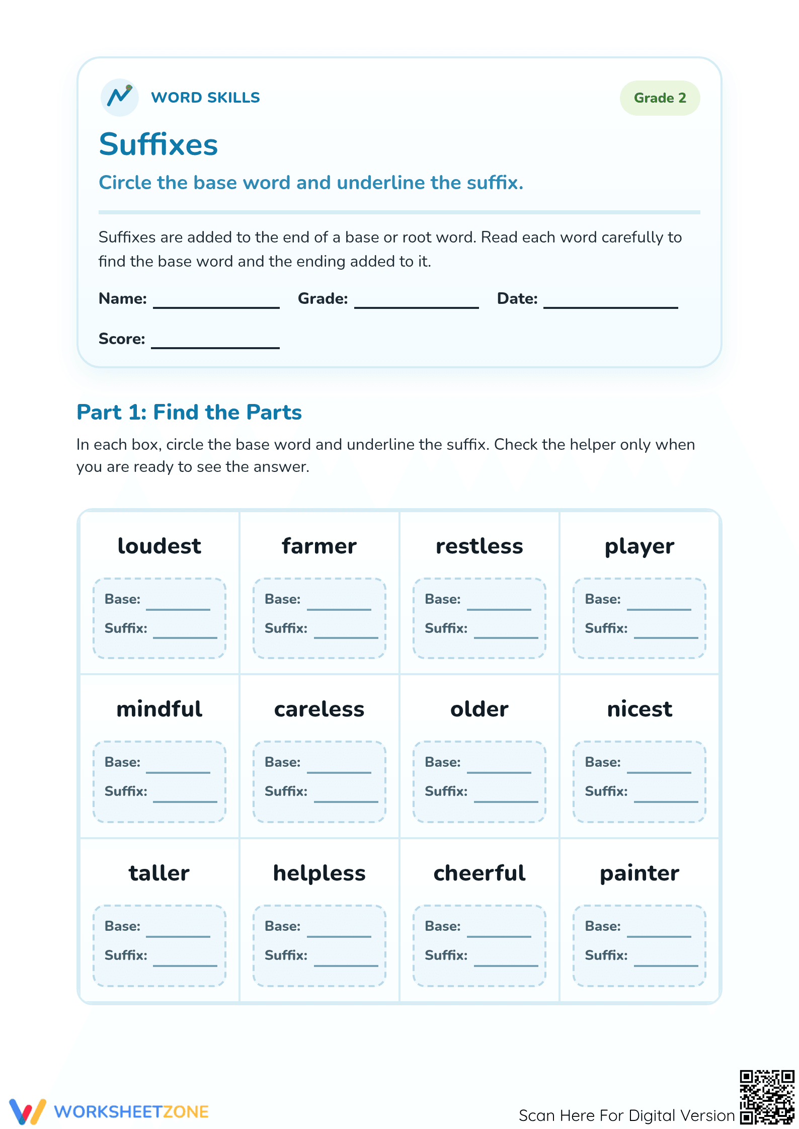 Essential Suffixes Worksheet | Grade 2 ELA Printable - Page 1