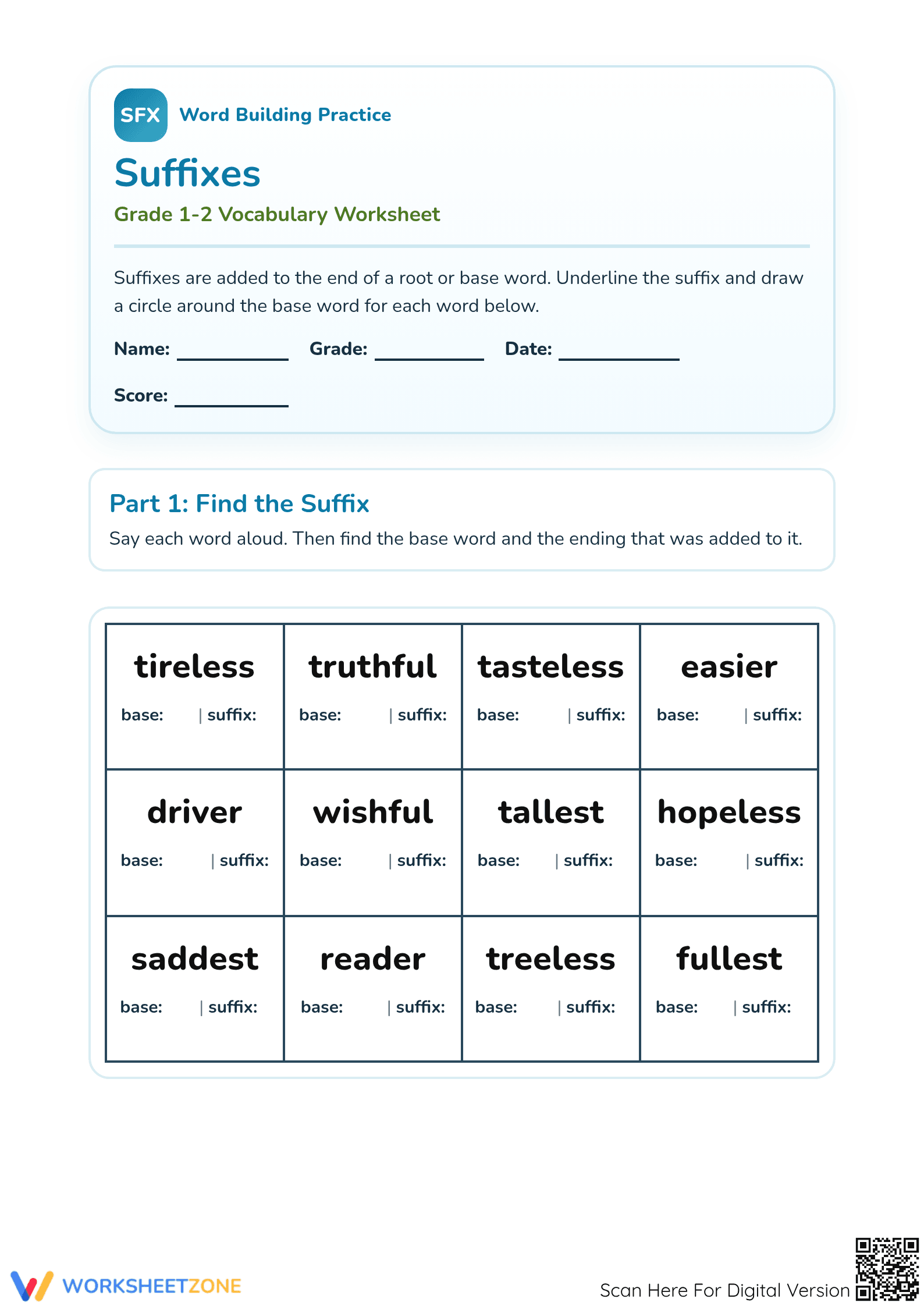 Printable Suffixes Worksheet | Grade 1-2 ELA Practice - Page 1