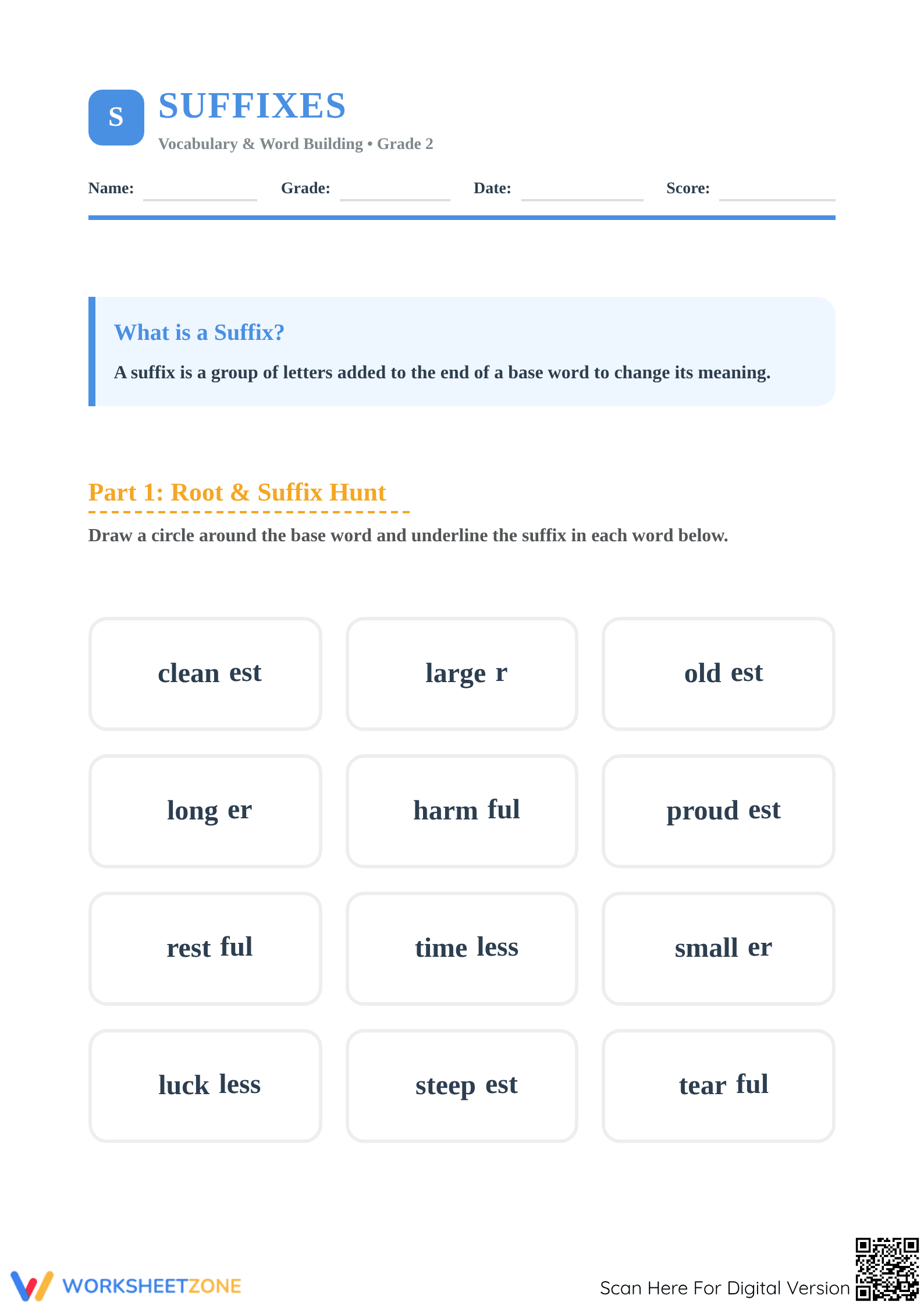 Printable Suffixes Practice Worksheet | Grade 2 ELA - Page 1
