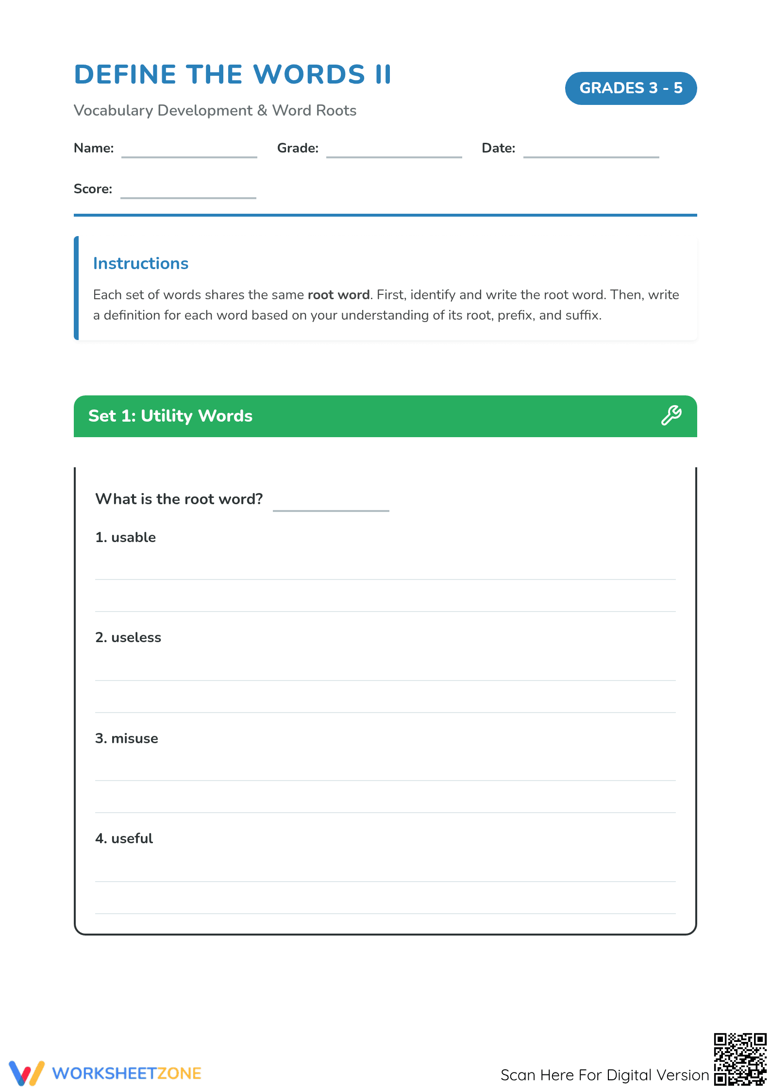 Root Word and Affixes Practice Worksheet | Printable Grade 4 - Page 1