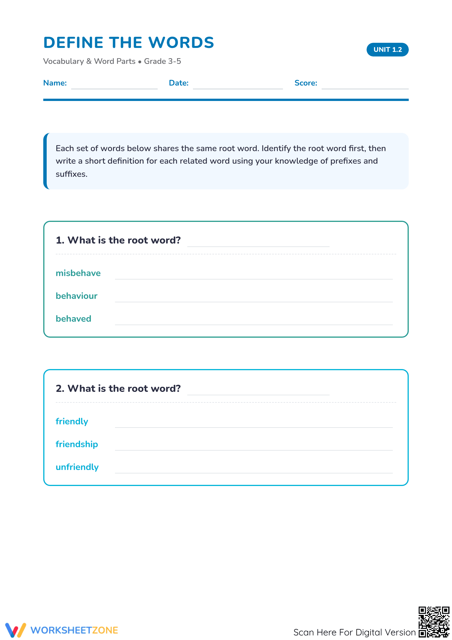 Essential Root Words & Affixes Worksheet | Grade 3-5 - Page 1
