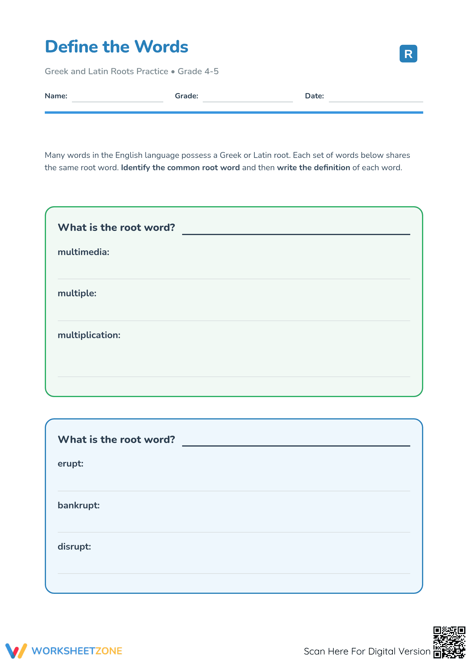 Greek and Latin Roots Worksheet for Grade 4-5: Essential - Page 1