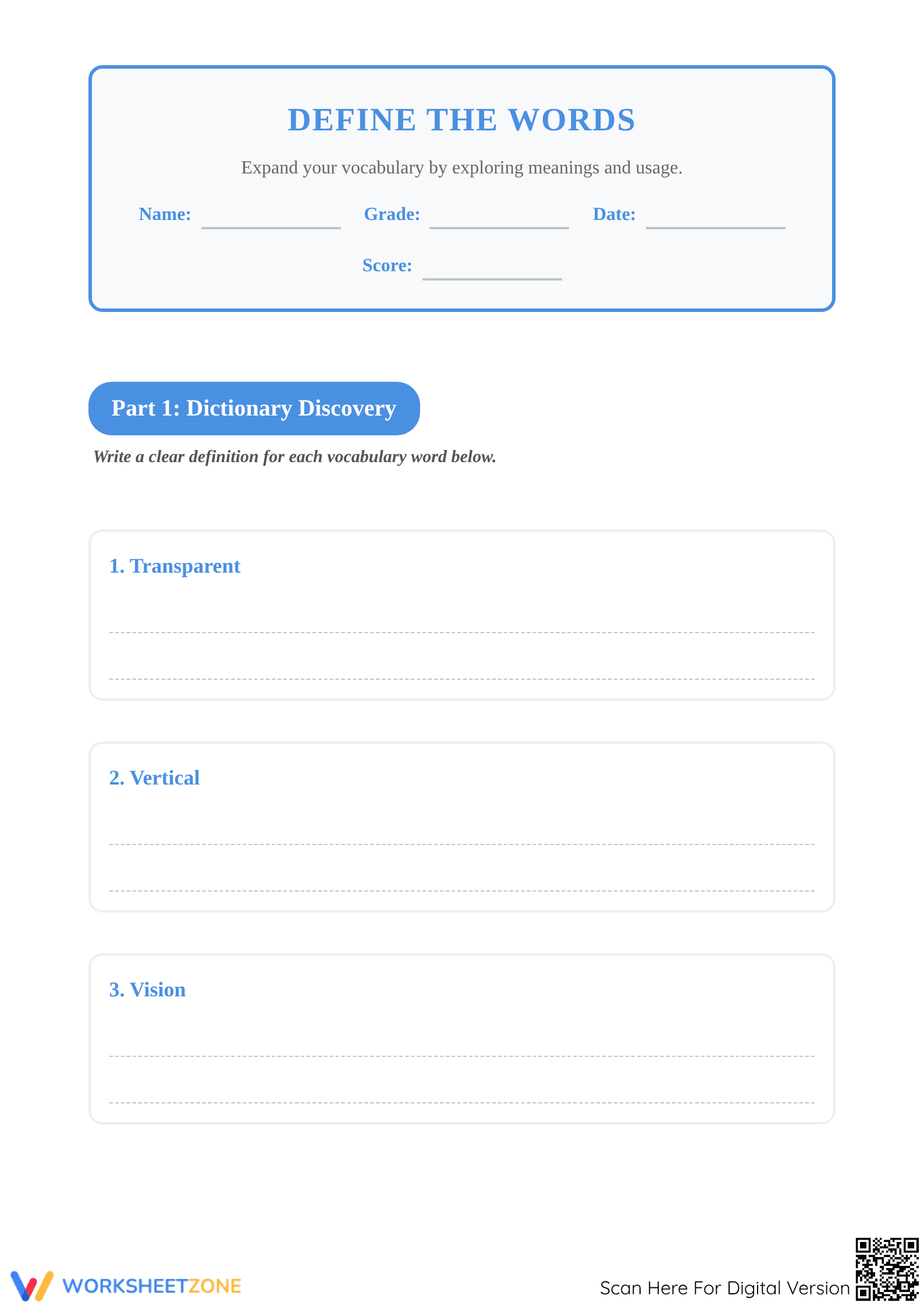 Essential Vocabulary Worksheet: Define the Words | Grade 3-5 - Page 1