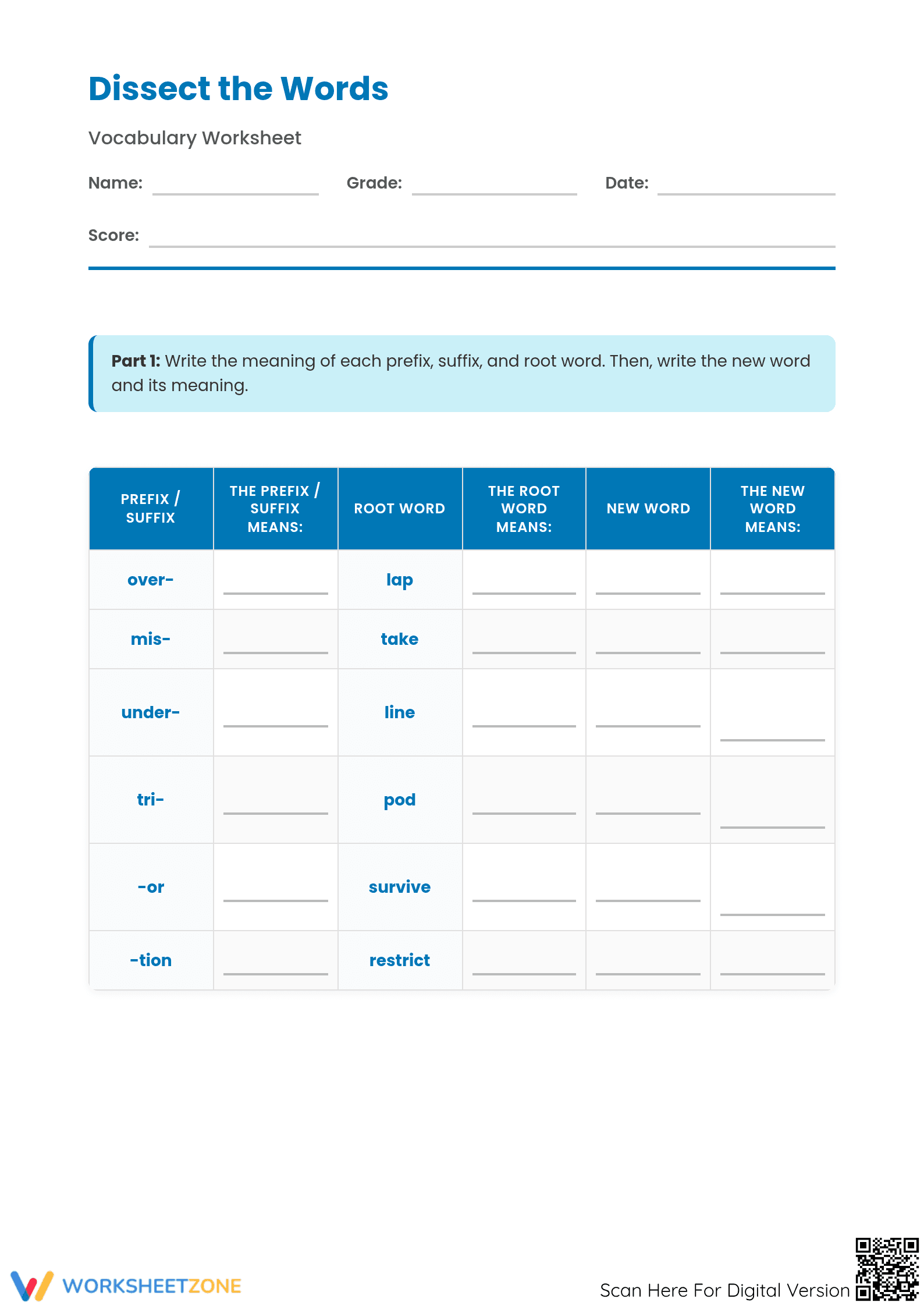 Word Dissection Affixes Worksheet | Grade 4 ELA Printable - Page 1