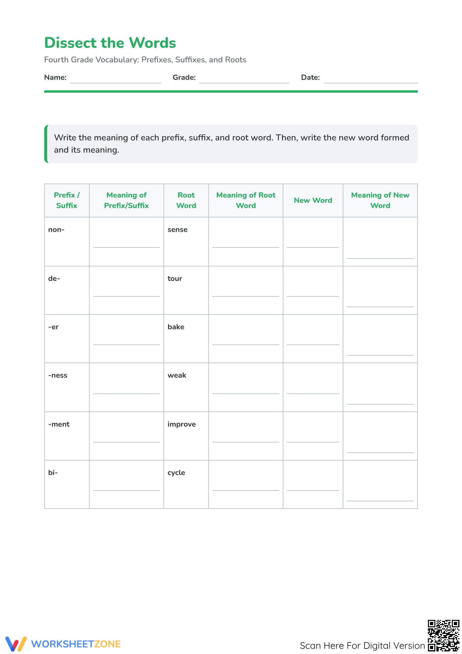 Dissect the Words: Essential Affixes Worksheet | Grade 4 - Page 1