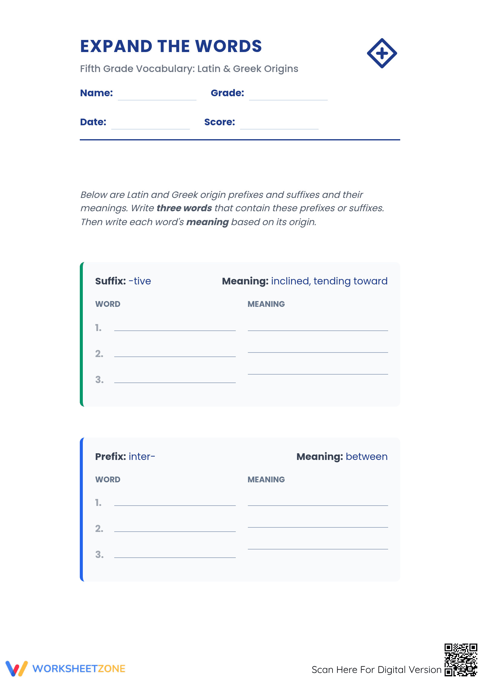 Expand the Words: Essential Latin & Greek Affixes Grade 5 - Page 1