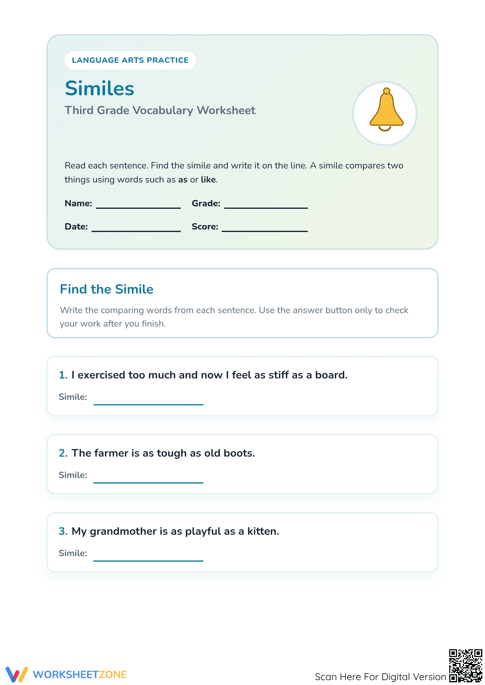 Printable Similes Worksheet | Grade 3-5 ELA Vocabulary - Page 1