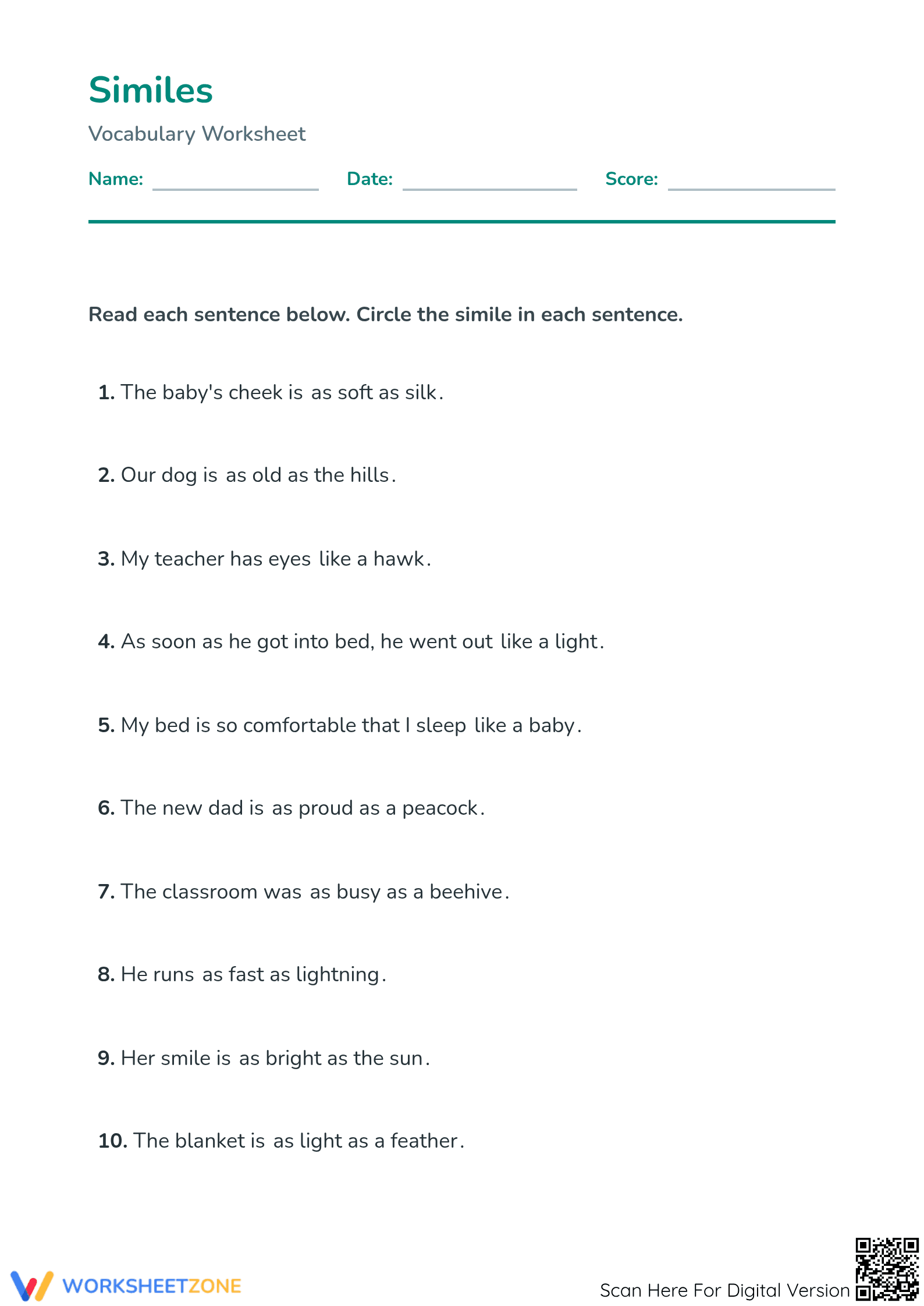 Grade 4 Similes — Printable No-Prep Worksheet - Page 1