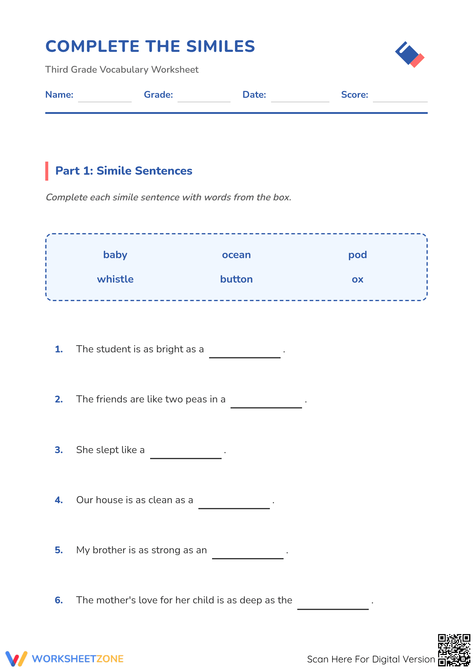 Essential Similes Worksheet | Grade 3 ELA Practice - Page 1