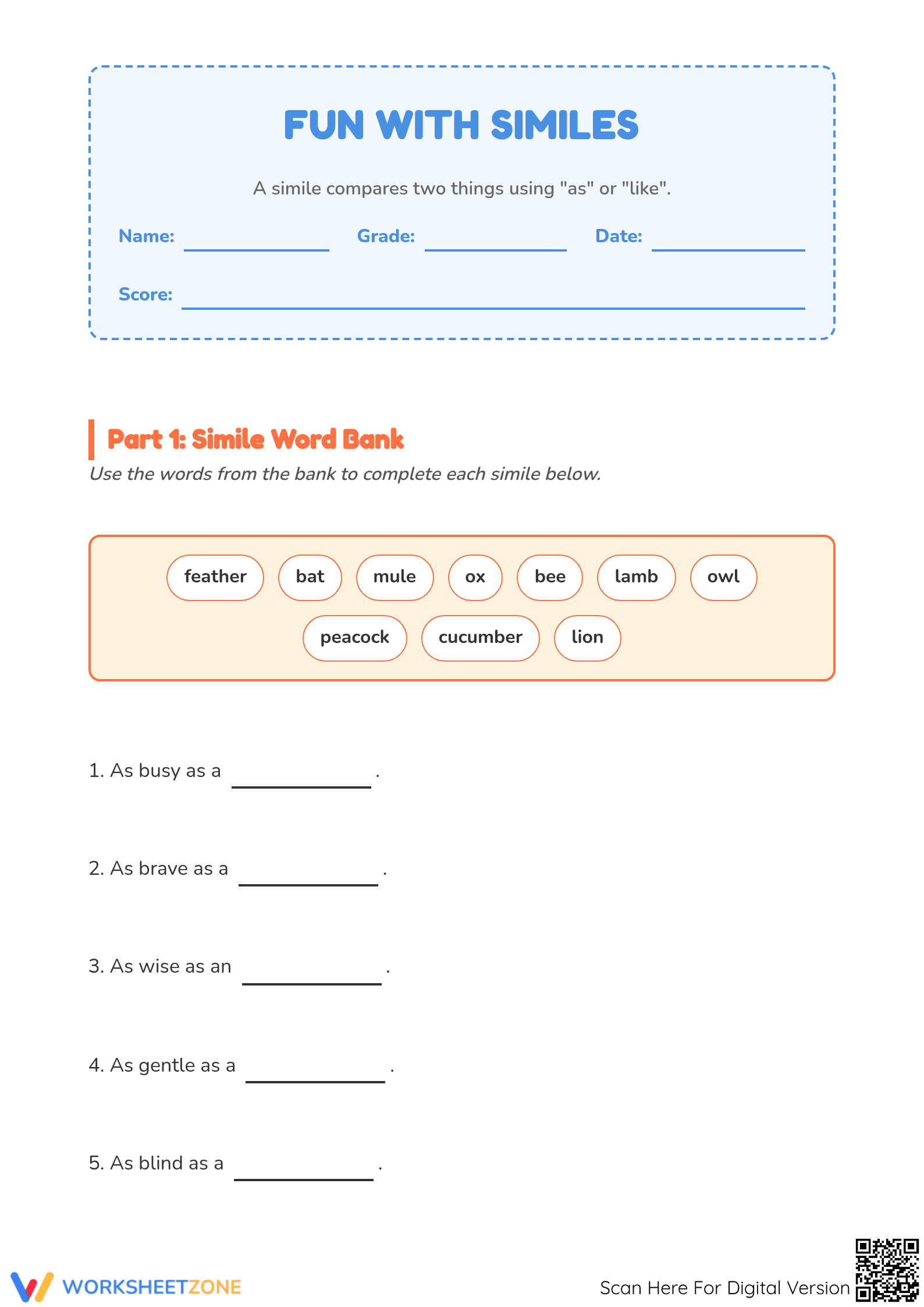 Printable Similes Practice Worksheet — Grade 3 ELA - Page 1