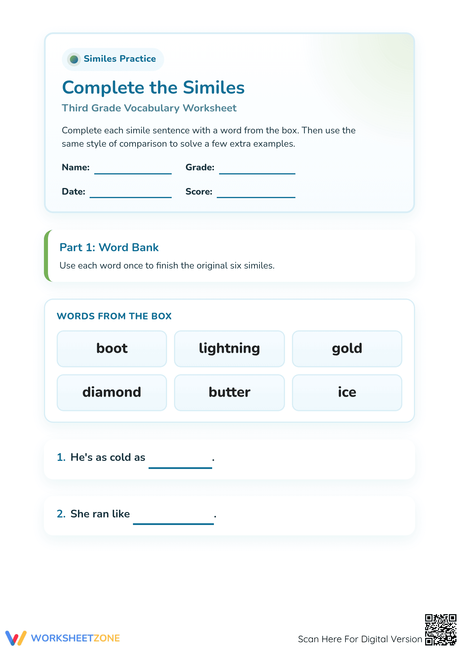Printable Grade 3 Similes Practice: Complete the Comparison - Page 1