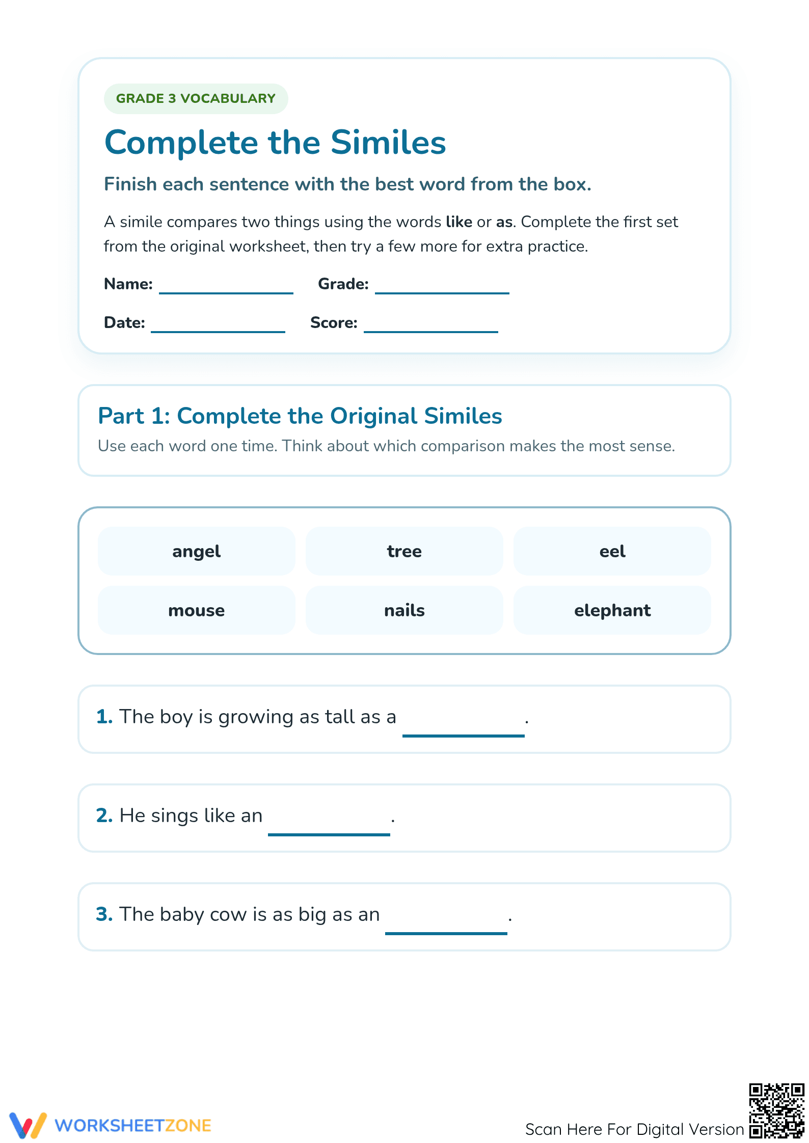Printable Similes Worksheet | Grade 3 Essential ELA - Page 1
