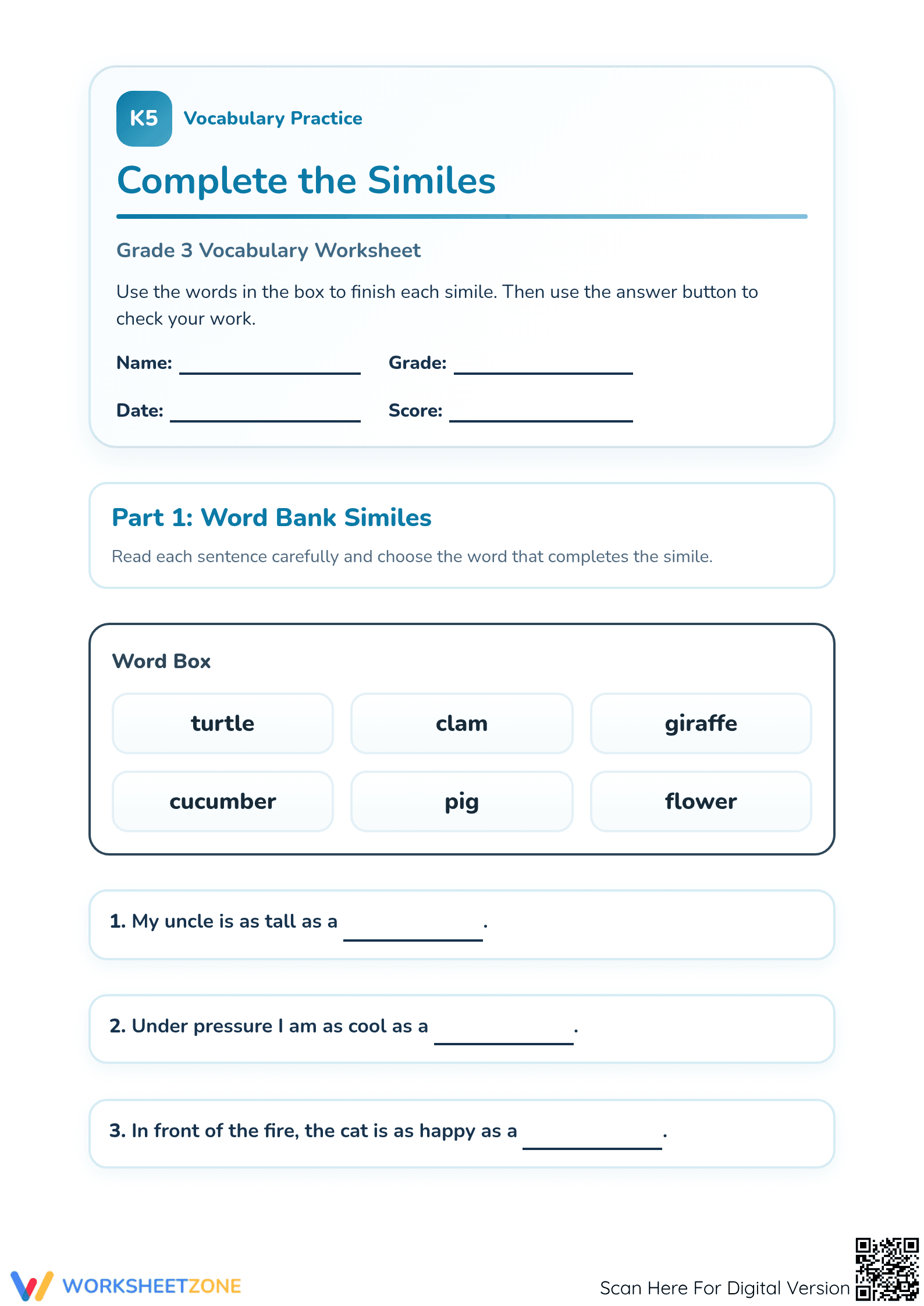 Complete the Similes Printable Worksheet | Grade 3 ELA - Page 1